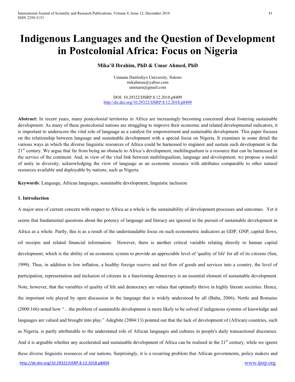 Indigenous Languages and the Question of Development in Postcolonial Africa: Focus on Nigeria