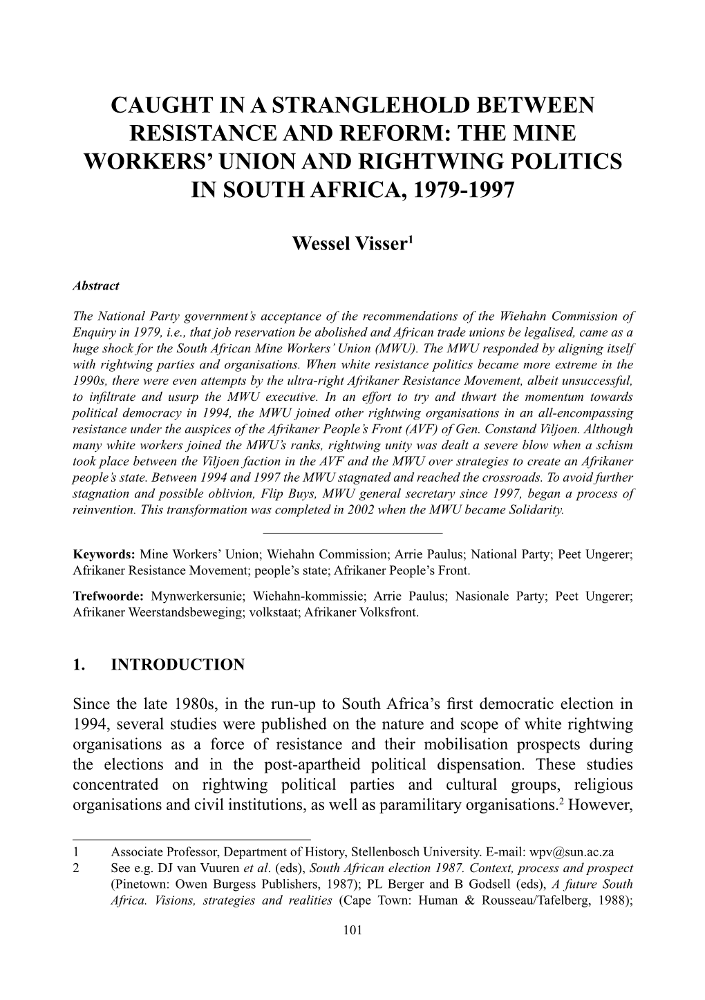 The Mine Workers' Union and Rightwing Politics in South Africa, 1979-1997