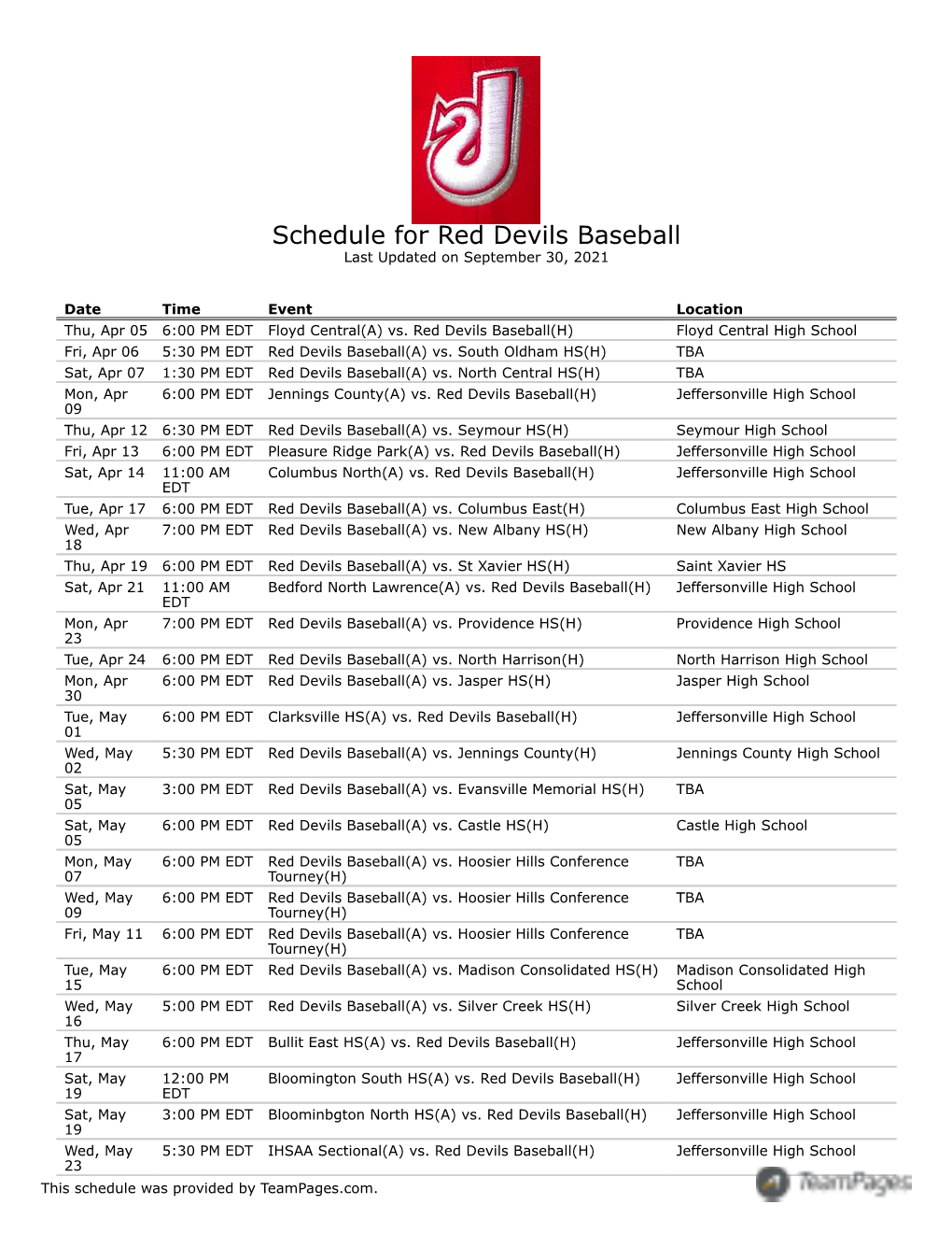 Schedule for Red Devils Baseball Last Updated on September 30, 2021