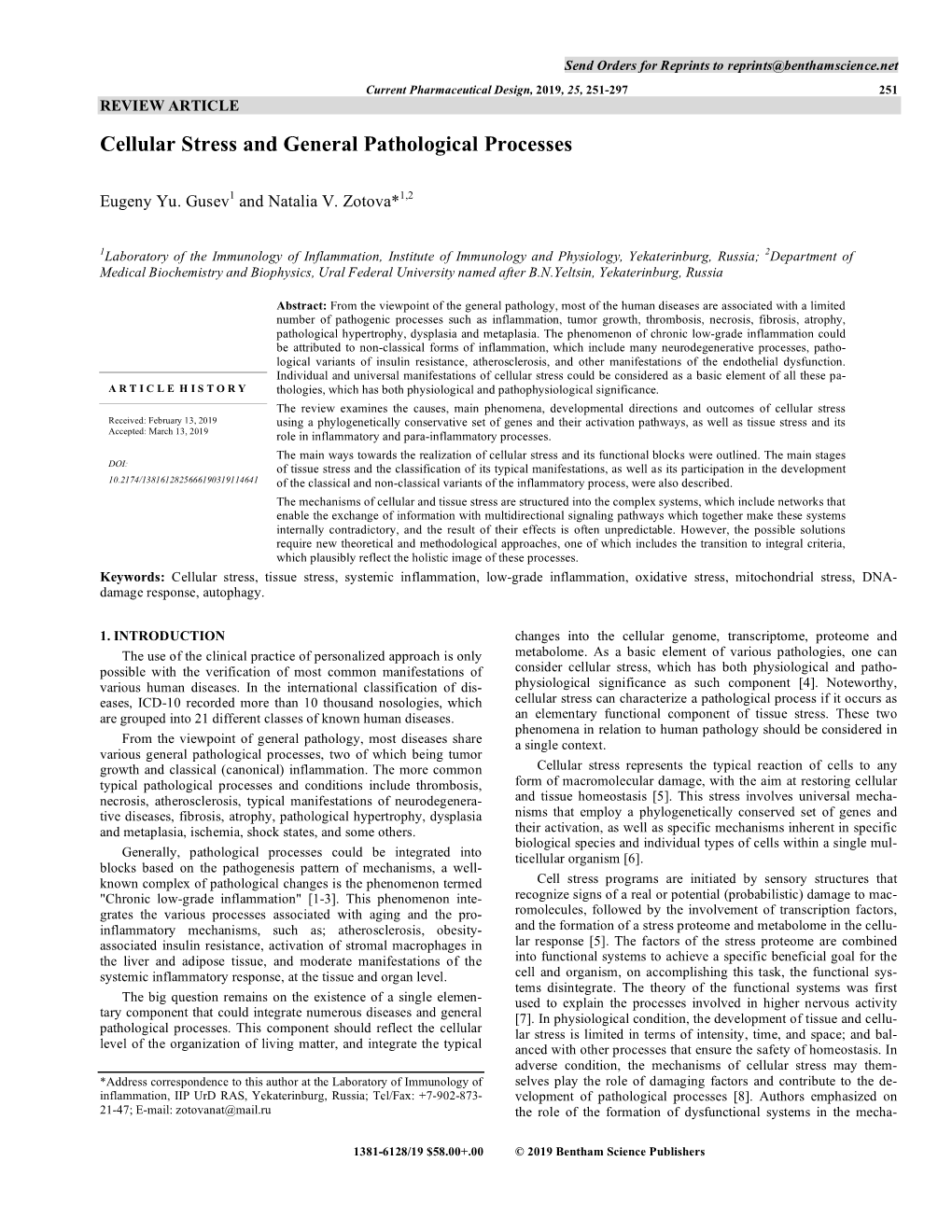 Cellular Stress and General Pathological Processes