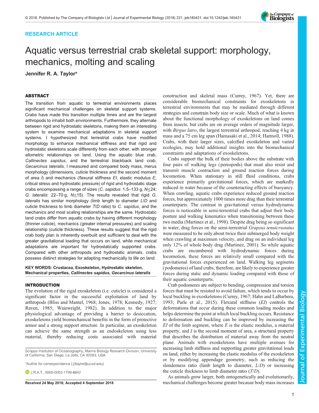 Aquatic Versus Terrestrial Crab Skeletal Support: Morphology, Mechanics, Molting and Scaling Jennifer R