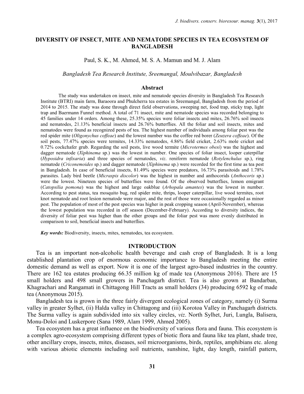 31 Diversity of Insect, Mite and Nematode Species in Tea