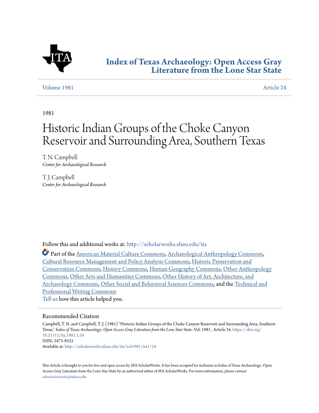 Historic Indian Groups of the Choke Canyon Reservoir and Surrounding Area, Southern Texas T