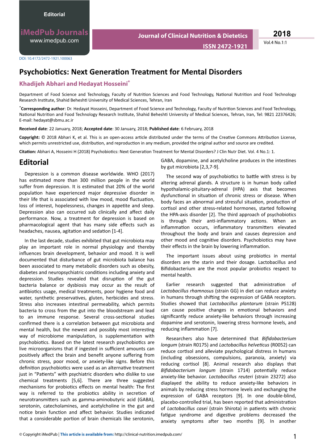 Psychobiotics: Next Generation Treatment for Mental Disorders Khadijeh Abhari and Hedayat Hosseini*