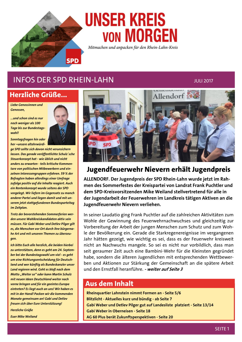 Infos Der SPD Rhein-Lahn JULI 2017 Herzliche Grüße