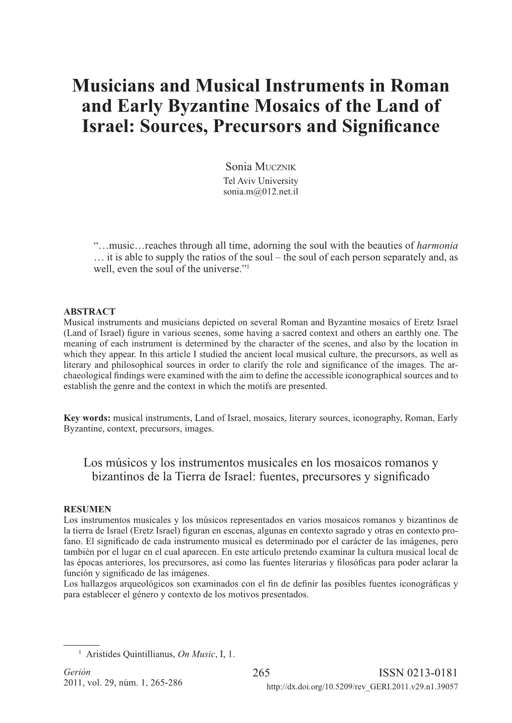 Musicians and Musical Instruments in Roman and Early Byzantine Mosaics of the Land of Israel: Sources, Precursors and Significance