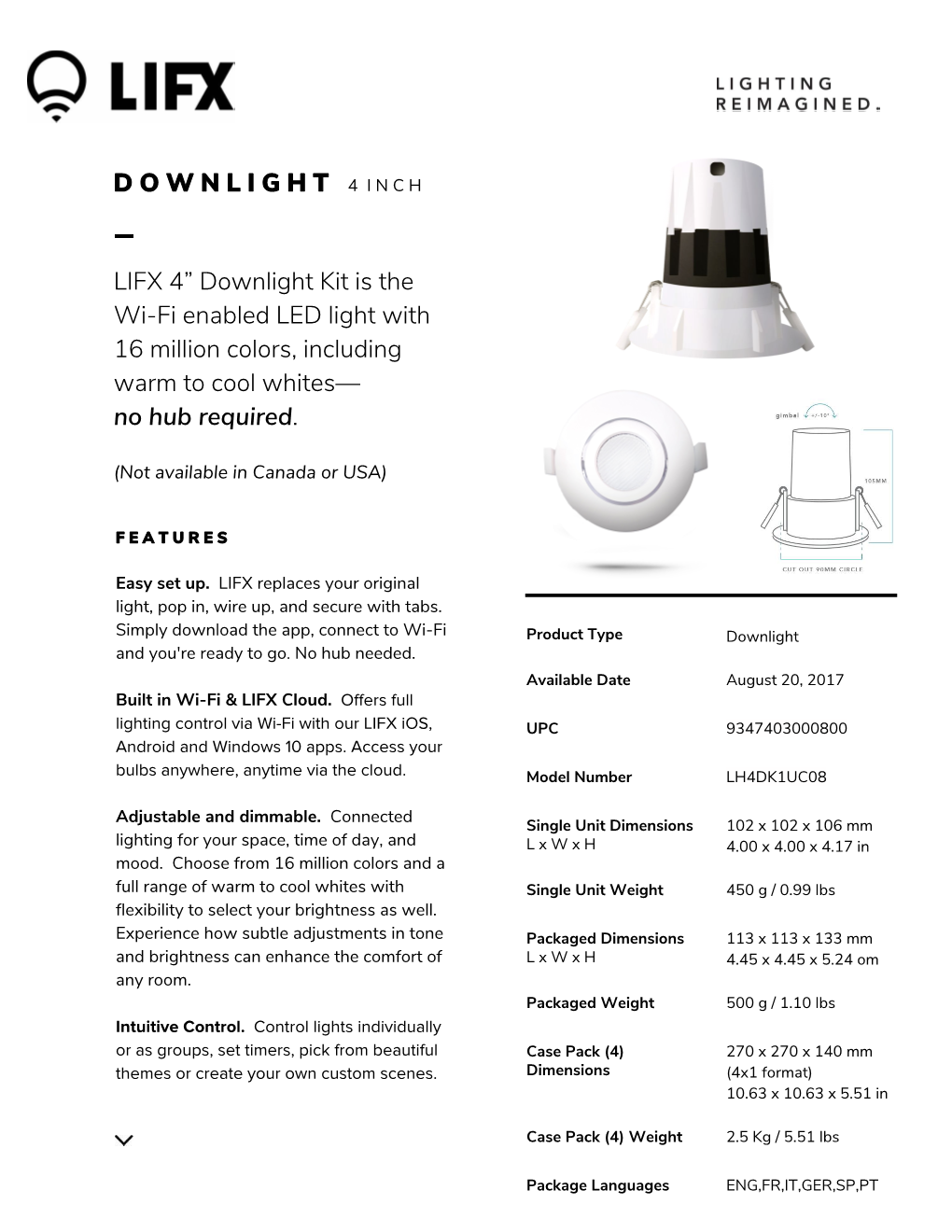 LIFX 4” Downlight Kit Is the Wi-Fi Enabled LED Light with 16 Million Colors, Including Warm to Cool Whites— No Hub Required