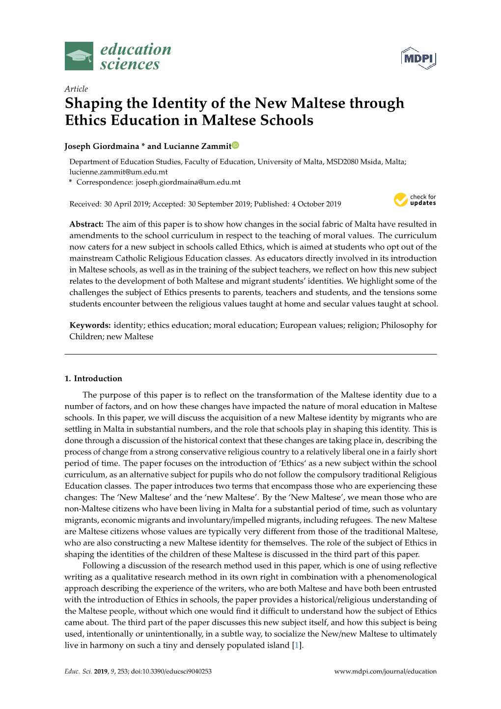 Shaping the Identity of the New Maltese Through Ethics Education in Maltese Schools