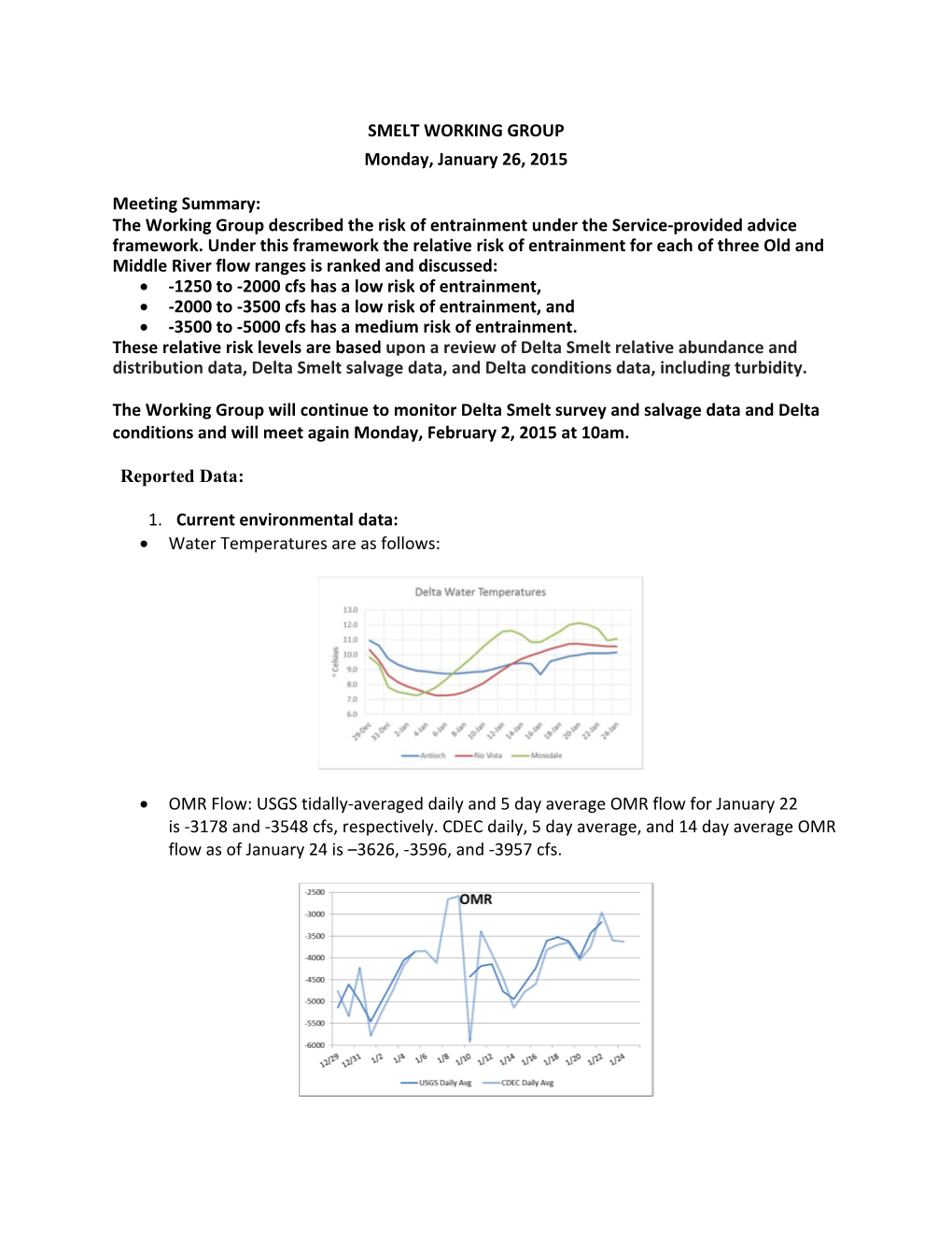 SMELT WORKING GROUP Monday, January 26, 2015 Meeting Summary