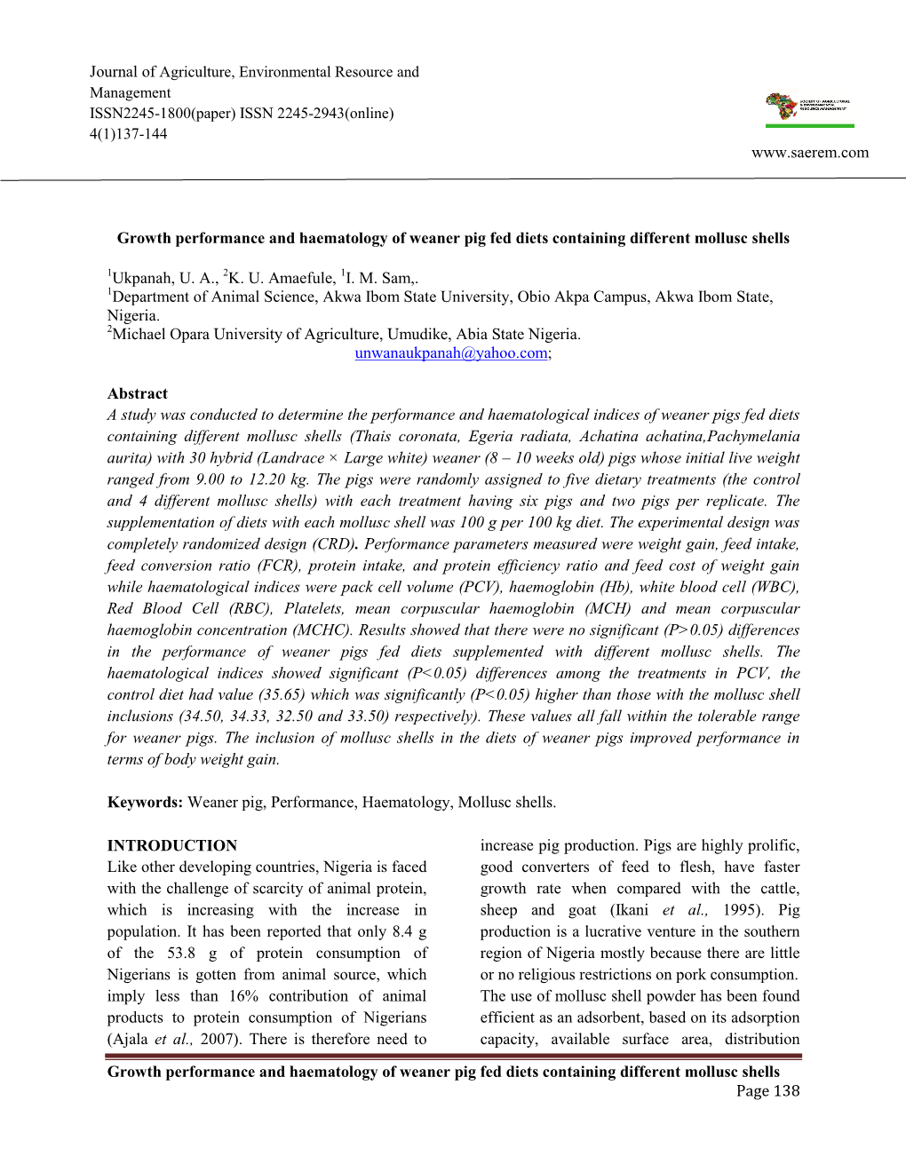 Growth Performance and Haematology of Weaner Pig Fed Diets Containing Different Mollusc Shells