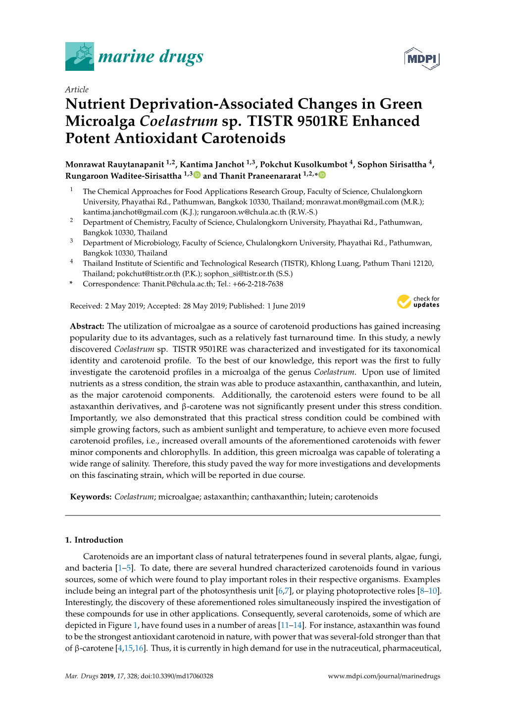 Nutrient Deprivation-Associated Changes in Green Microalga Coelastrum Sp. TISTR 9501RE Enhanced Potent Antioxidant Carotenoids