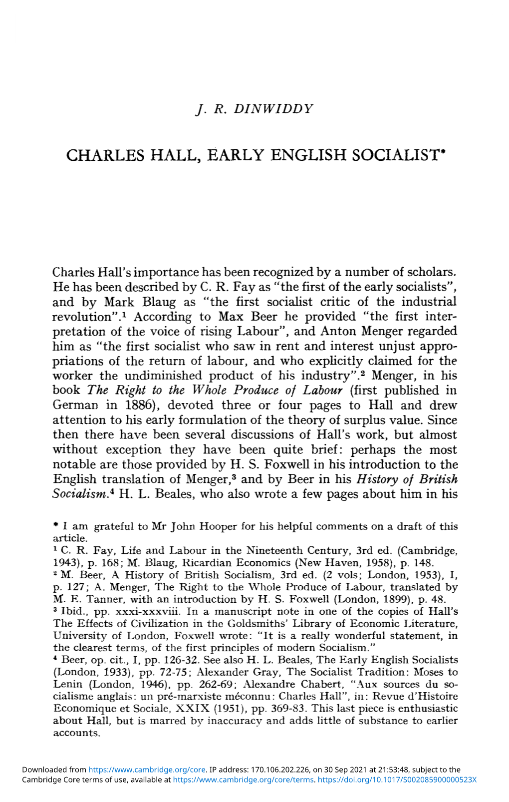 Charles Hall, Early English Socialist*