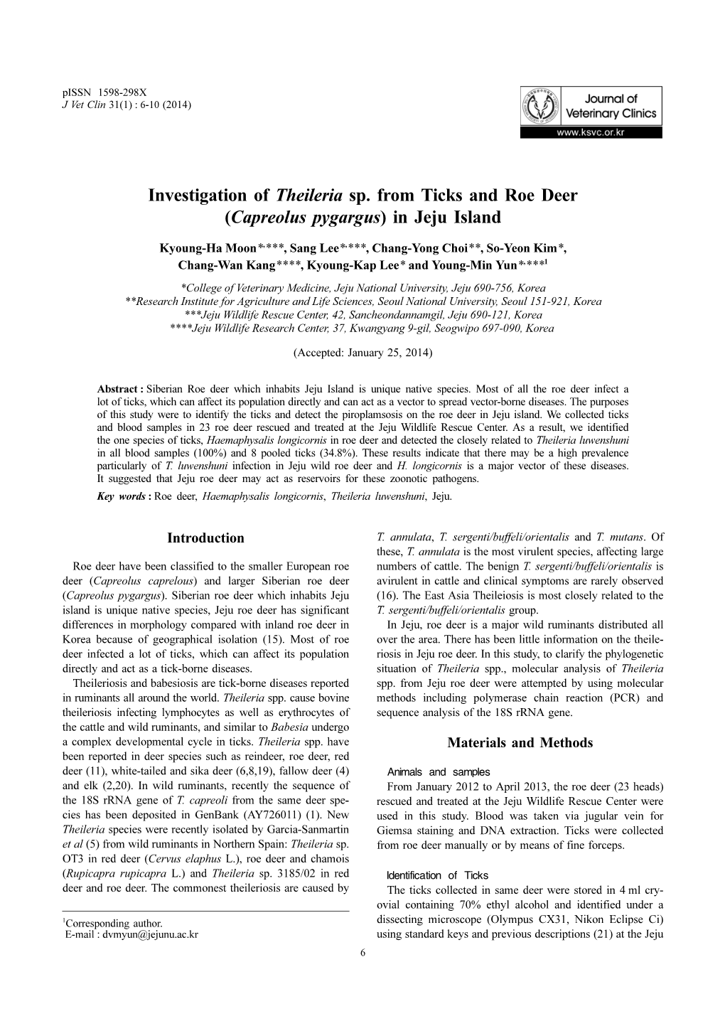 Investigation of Theileria Sp. from Ticks and Roe Deer (Capreolus Pygargus) in Jeju Island