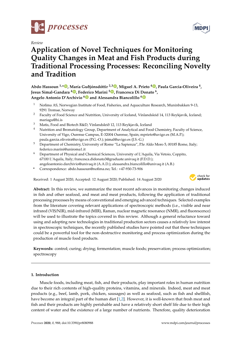 Application of Novel Techniques for Monitoring Quality Changes in Meat and Fish Products During Traditional Processing Processes: Reconciling Novelty and Tradition