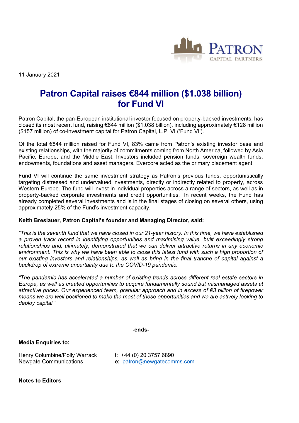 Patron Capital Raises €844 Million ($1.038 Billion) for Fund VI