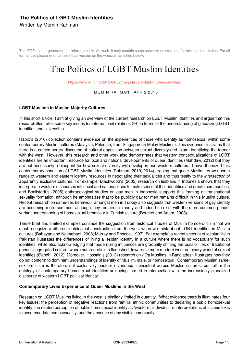 The Politics of LGBT Muslim Identities Written by Momin Rahman