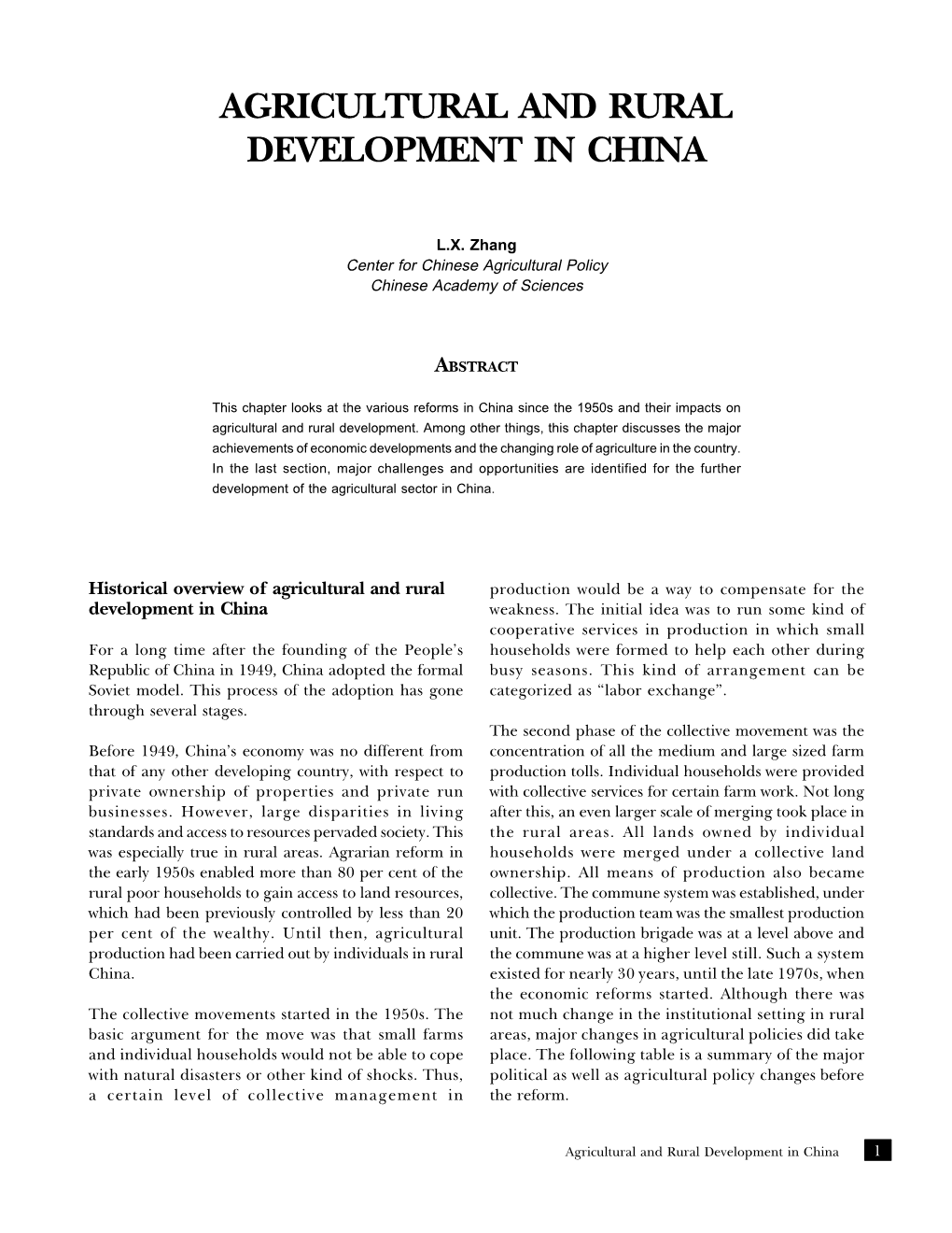 Agricultural and Rural Development in China