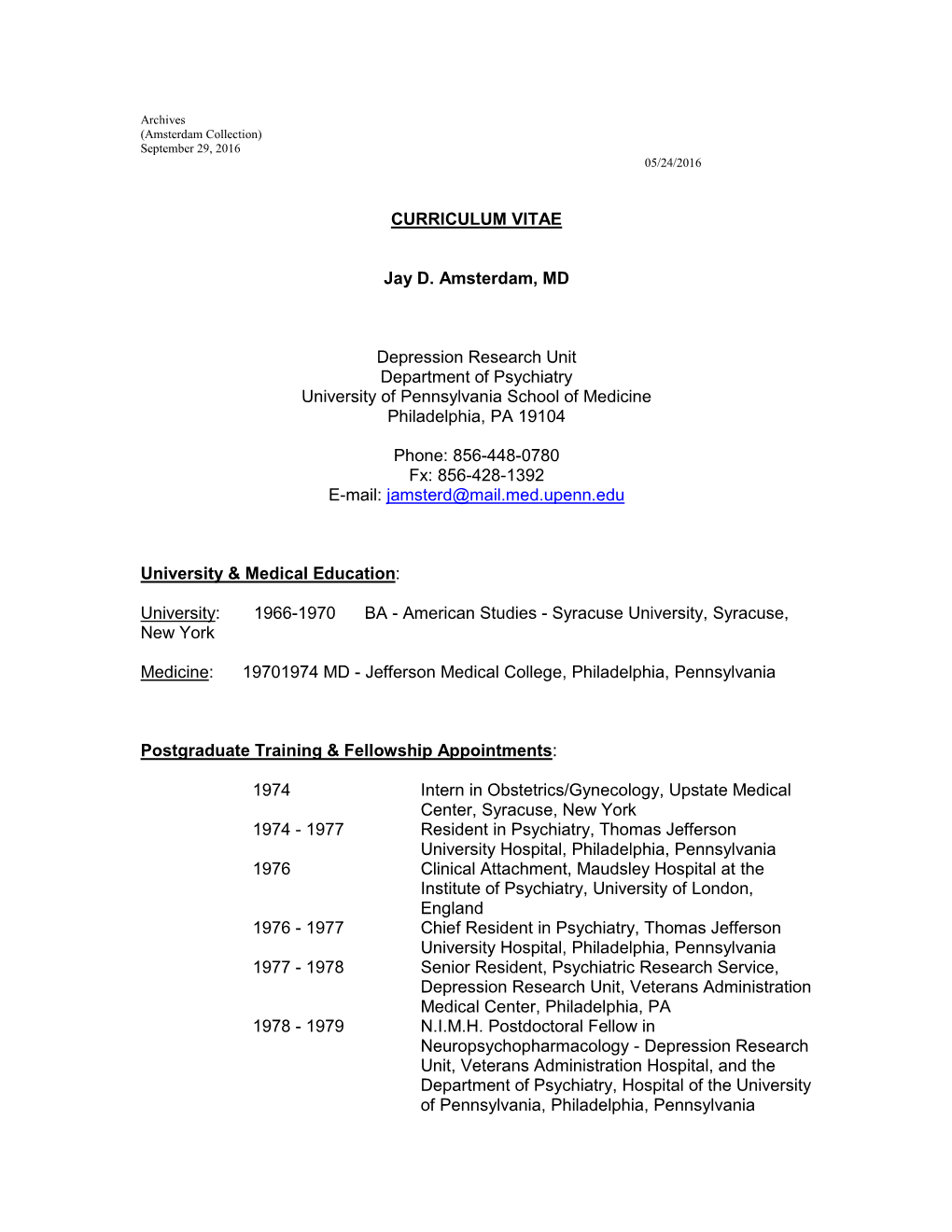 CURRICULUM VITAE Jay D. Amsterdam, MD Depression