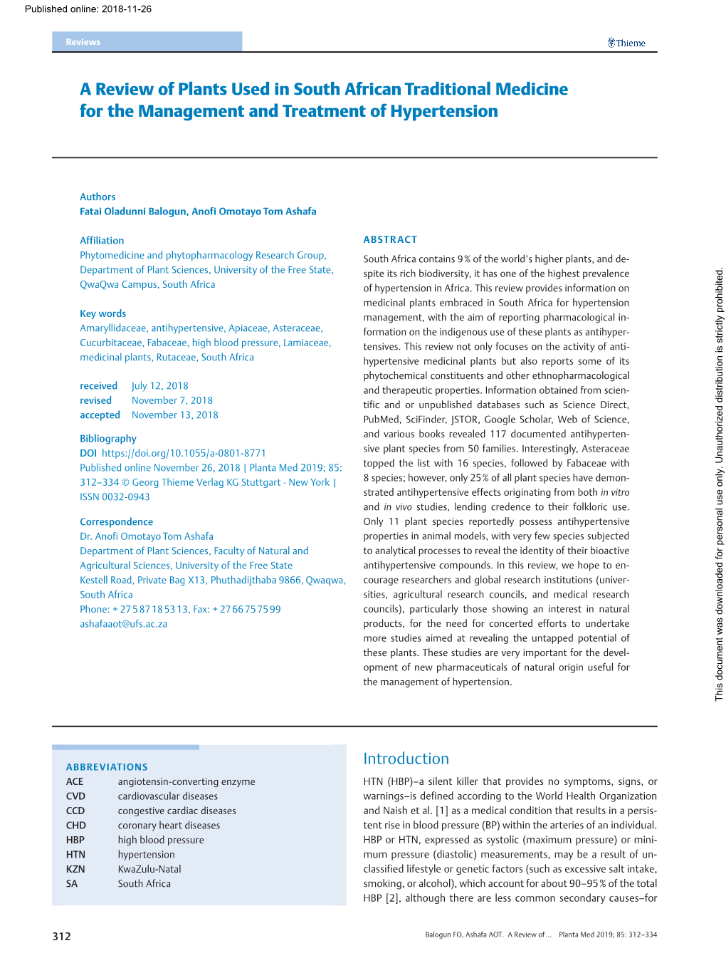 A Review of Plants Used in South African Traditional Medicine for the Management and Treatment of Hypertension