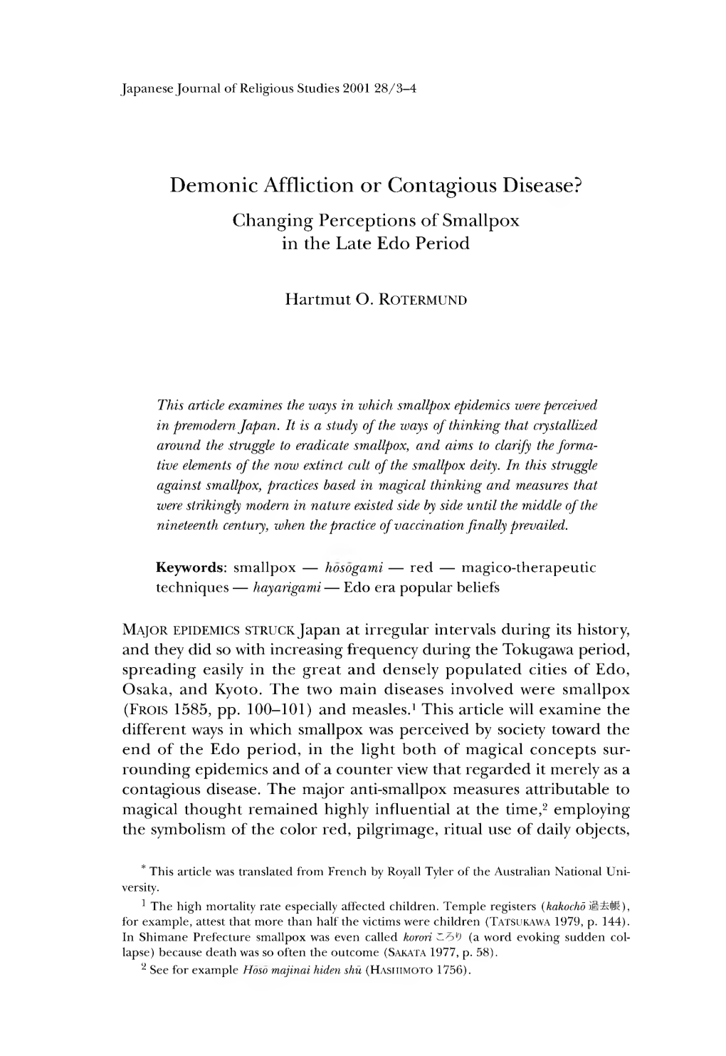 Demonic Affliction Or Contagious Disease? Changing Perceptions of Smallpox in the Late Edo Period