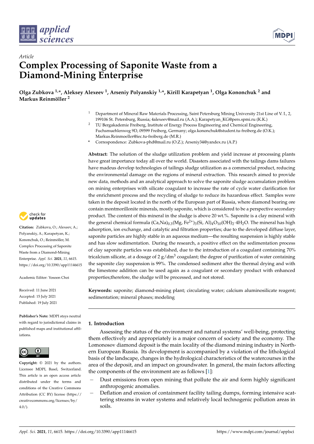 Complex Processing of Saponite Waste from a Diamond-Mining Enterprise