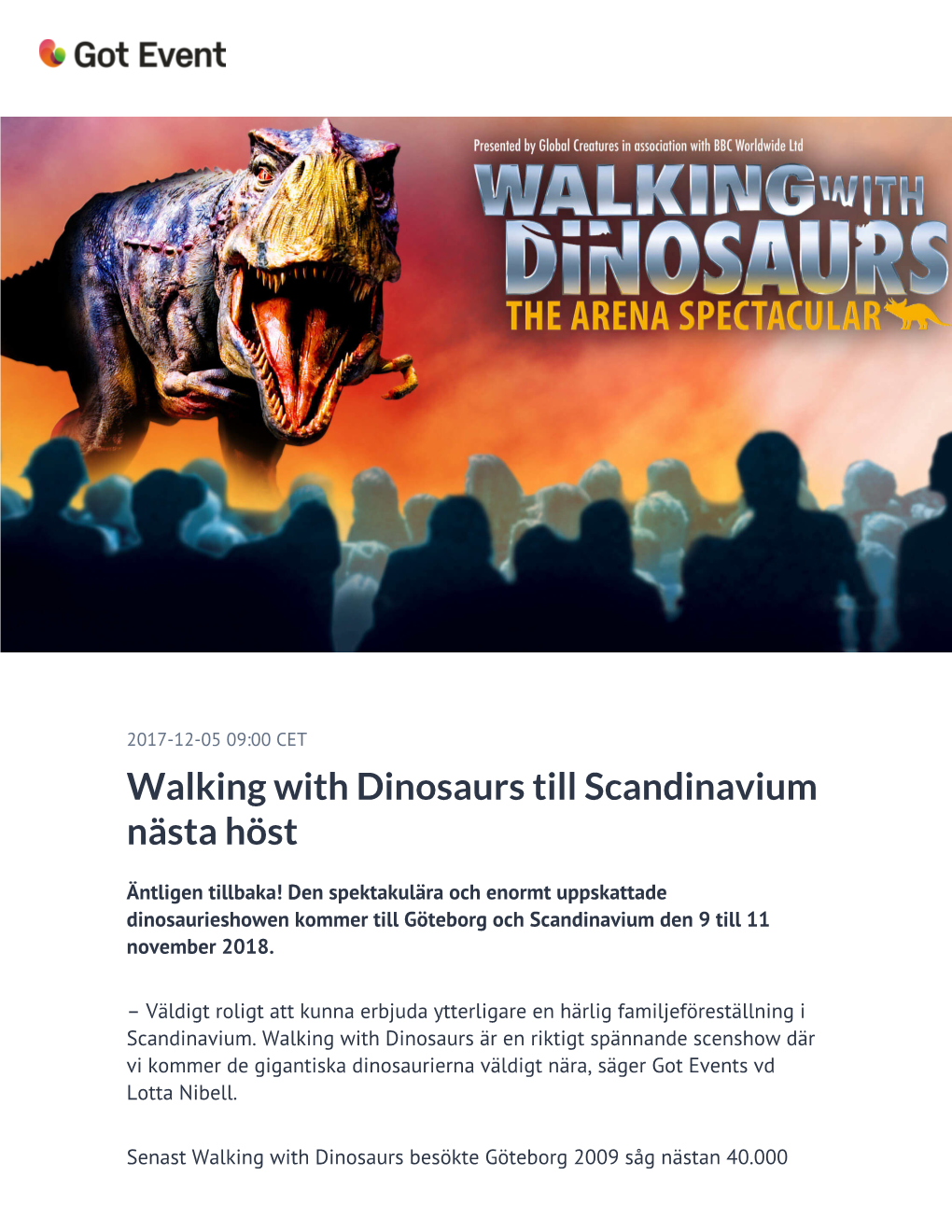 ​Walking with Dinosaurs Till Scandinavium Nästa Höst