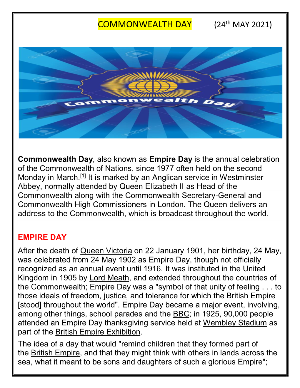 COMMONWEALTH DAY (24Th MAY 2021)