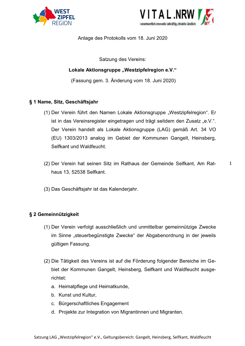 Satzung Der LAG Westzipfelregion E.V