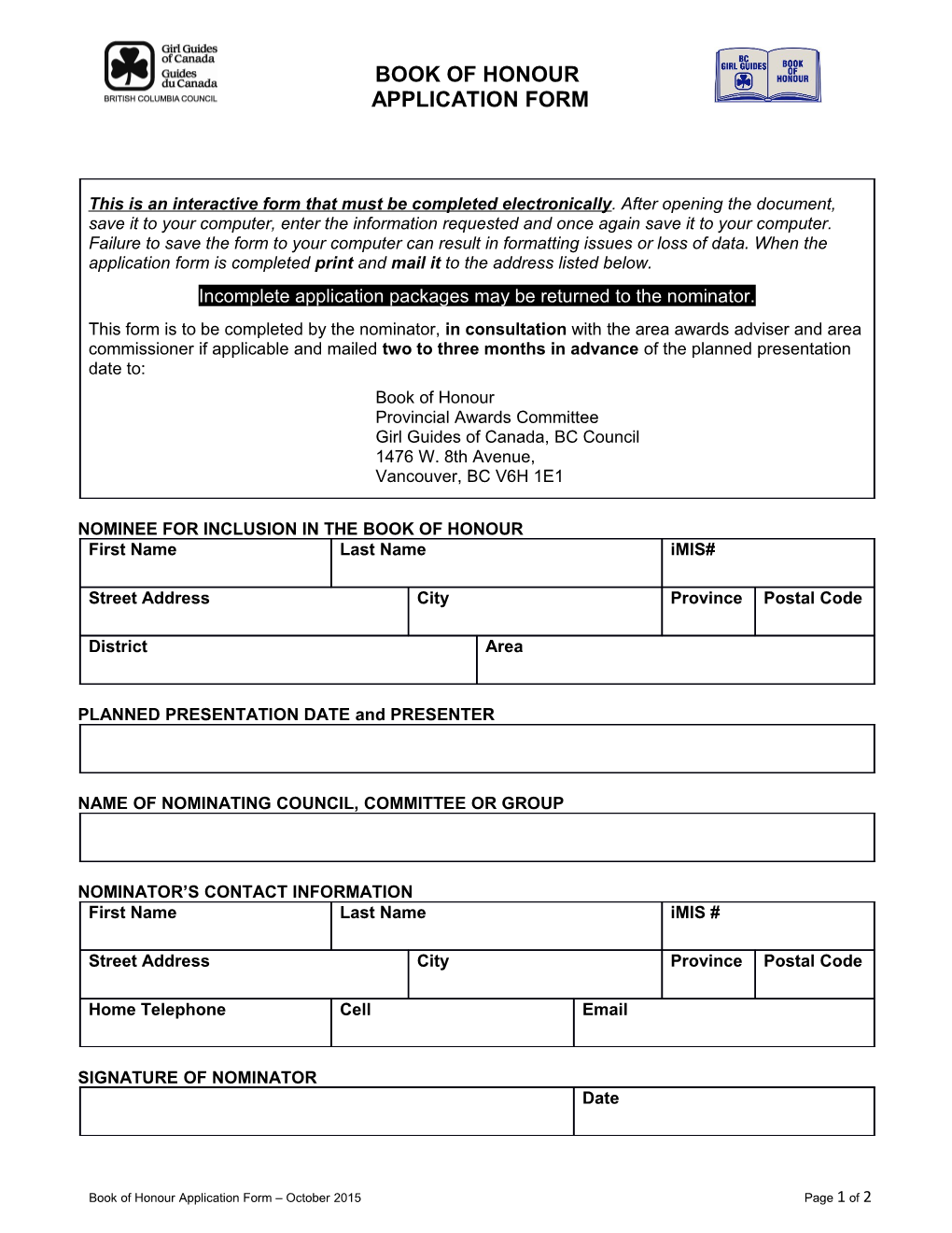 This Is an Interactive Form That Must Be Completed Electronically