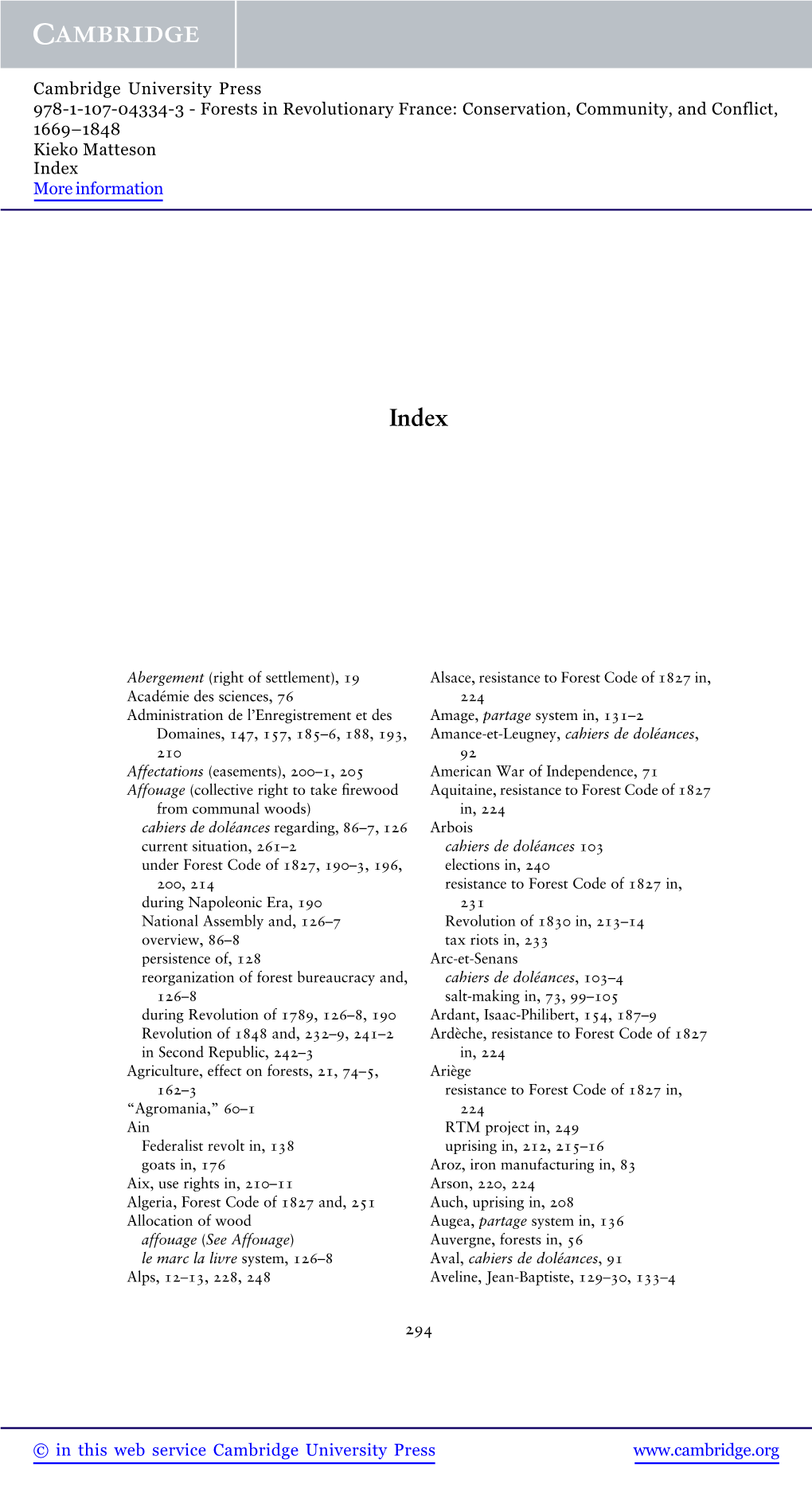 Forests in Revolutionary France: Conservation, Community, and Conflict, 1669–1848 Kieko Matteson Index More Information