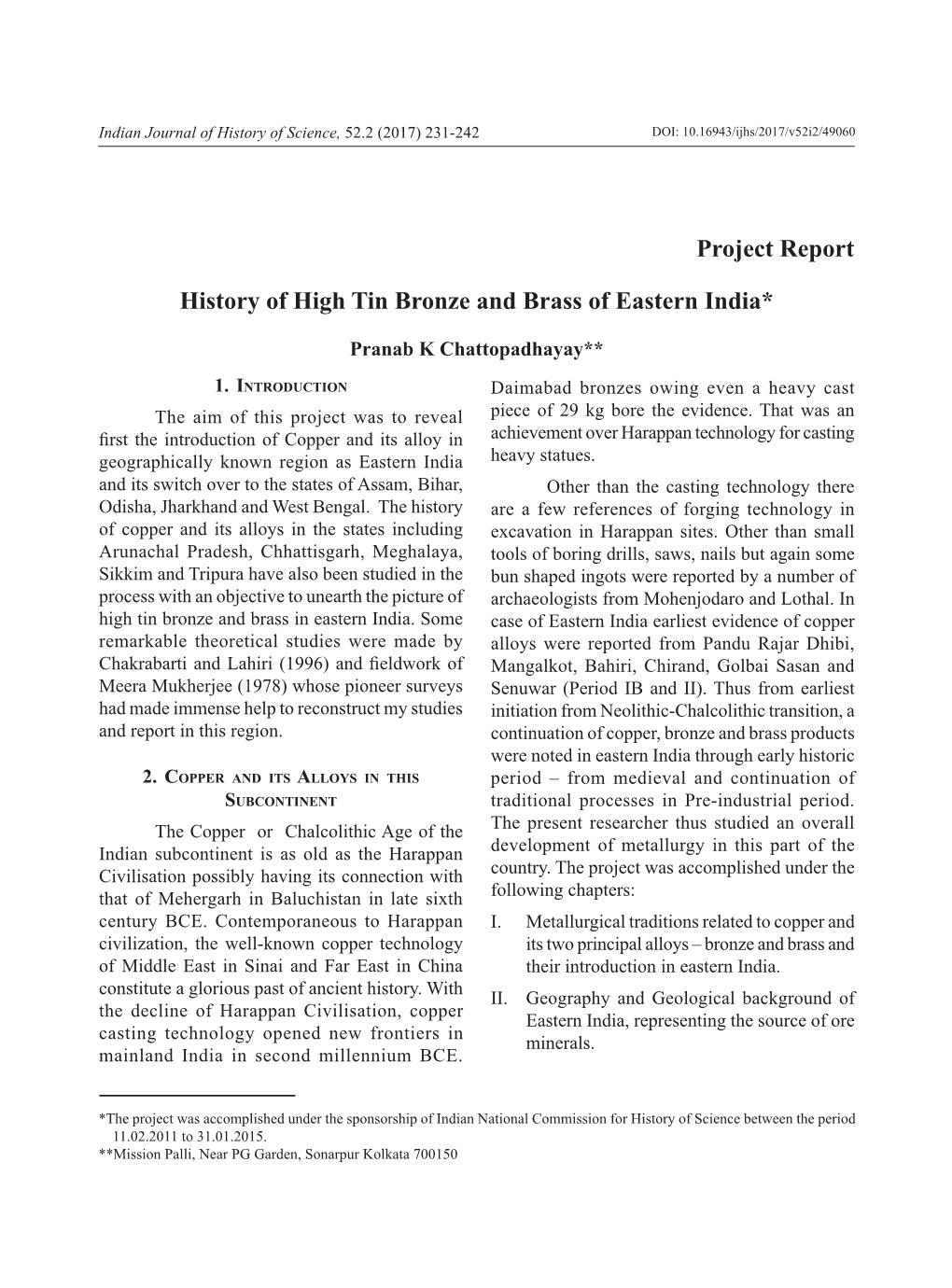 Project Report History of High Tin Bronze and Brass of Eastern India*