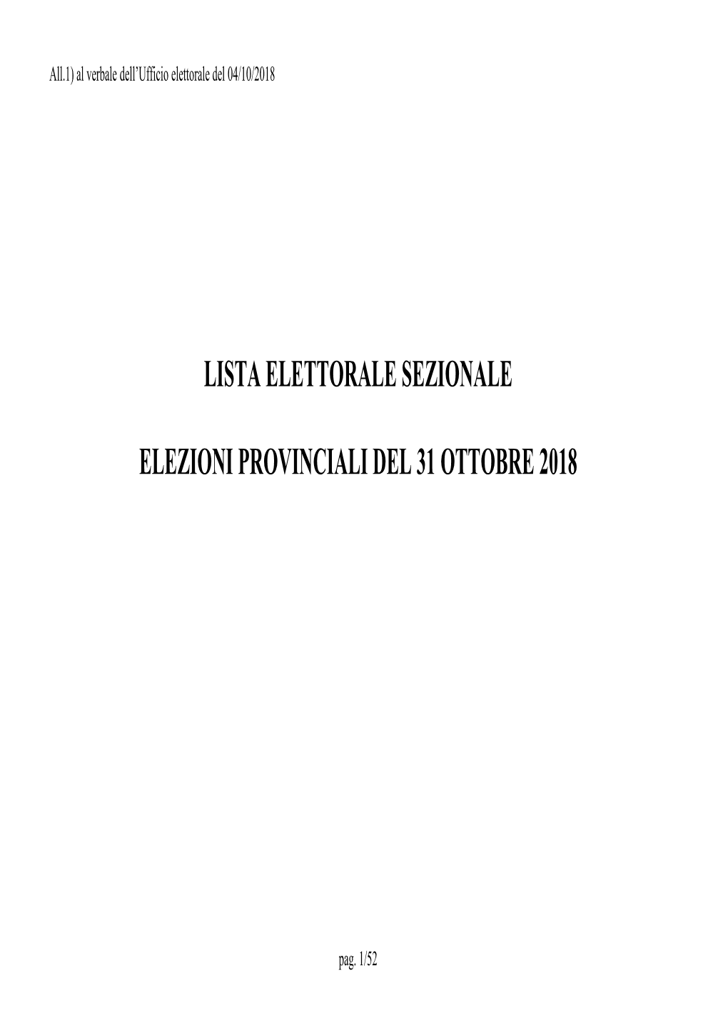 Lista Elettorale Sezionale Elezioni Provinciali Del 31 Ottobre 2018