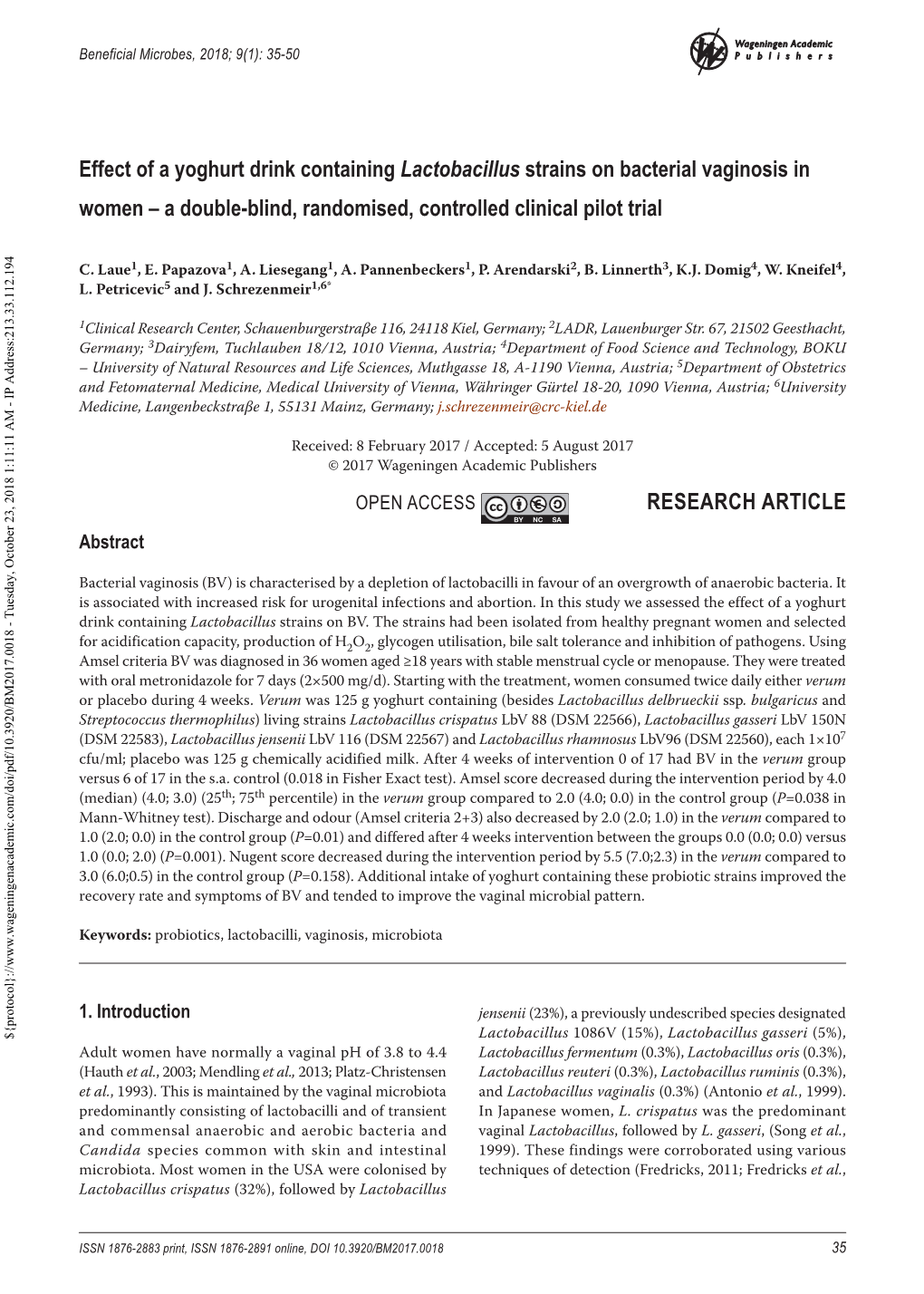 Effect of a Yoghurt Drink Containing Lactobacillus Strains on Bacterial Vaginosis in Women – a Double-Blind, Randomised, Controlled Clinical Pilot Trial