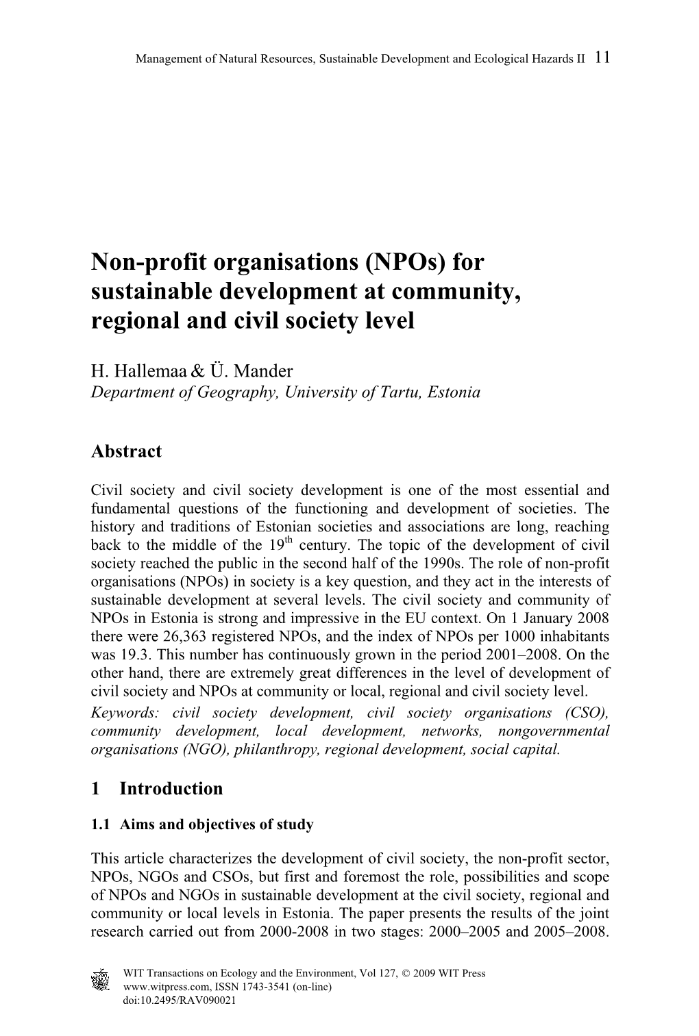 Non-Profit Organisations (Npos) for Sustainable Development at Community, Regional and Civil Society Level