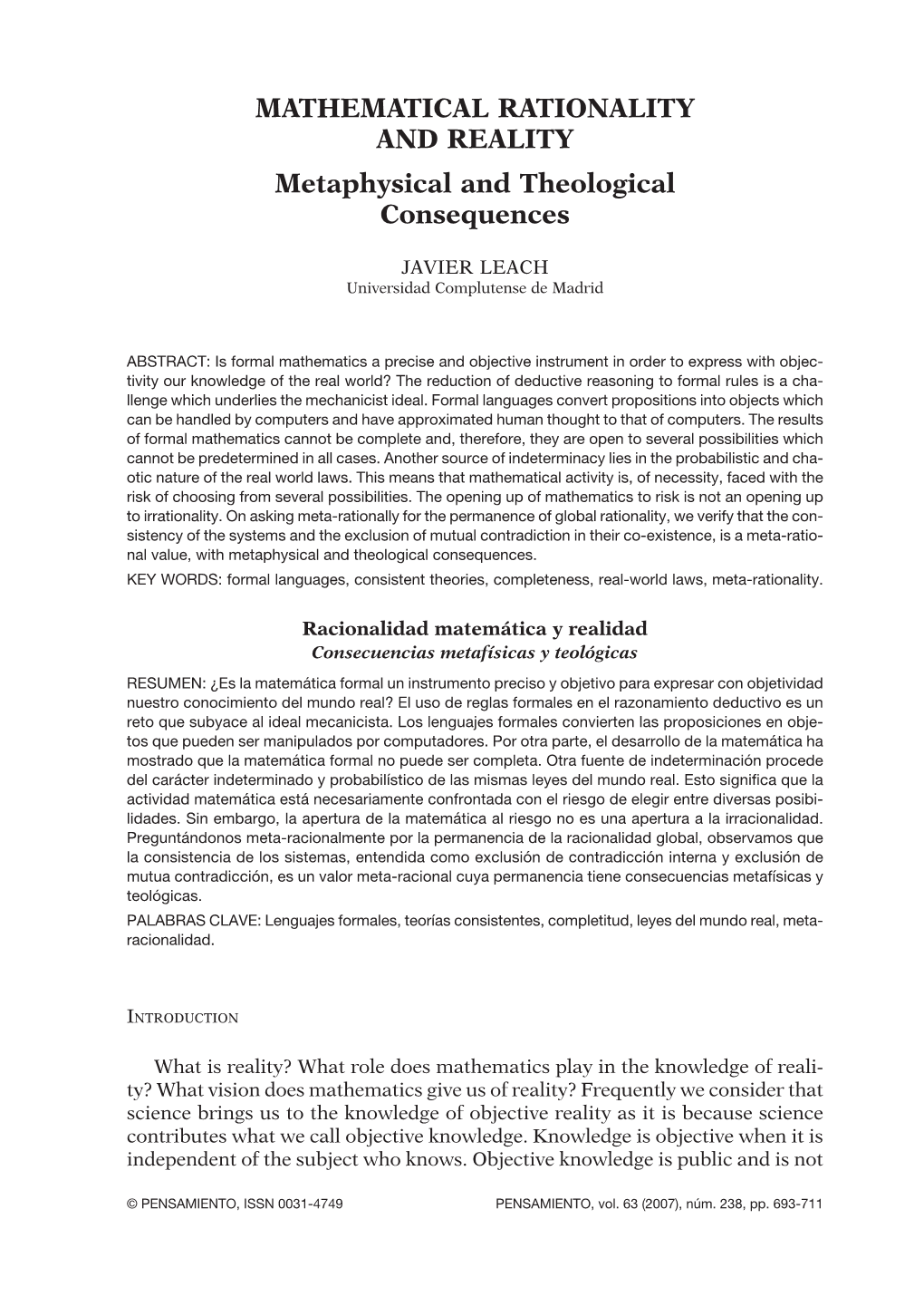 MATHEMATICAL RATIONALITY and REALITY Metaphysical and Theological Consequences