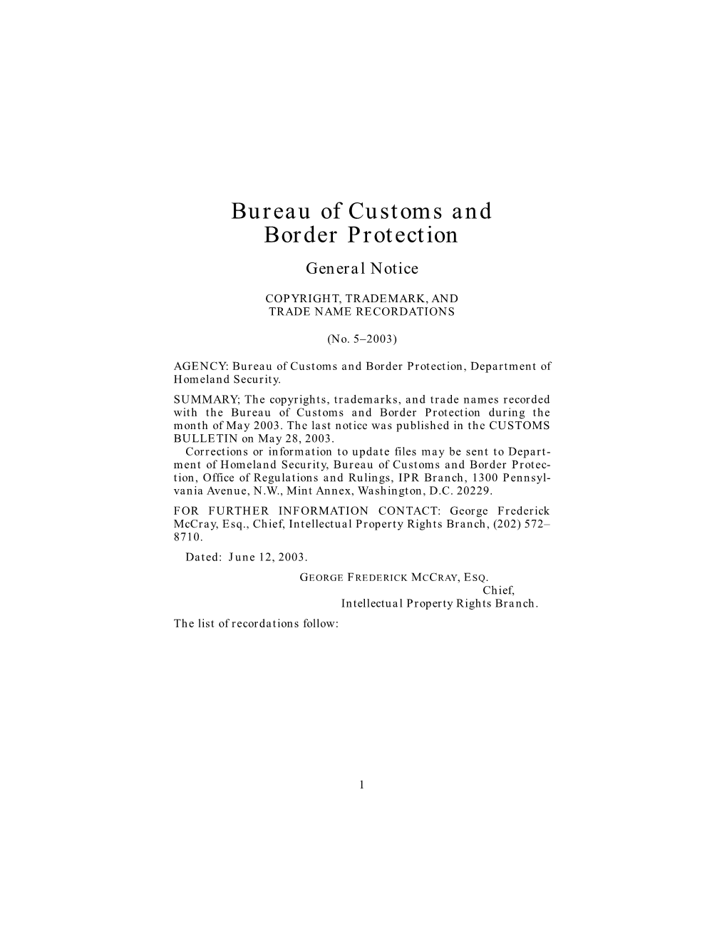 Bureau of Customs and Border Protection General Notice