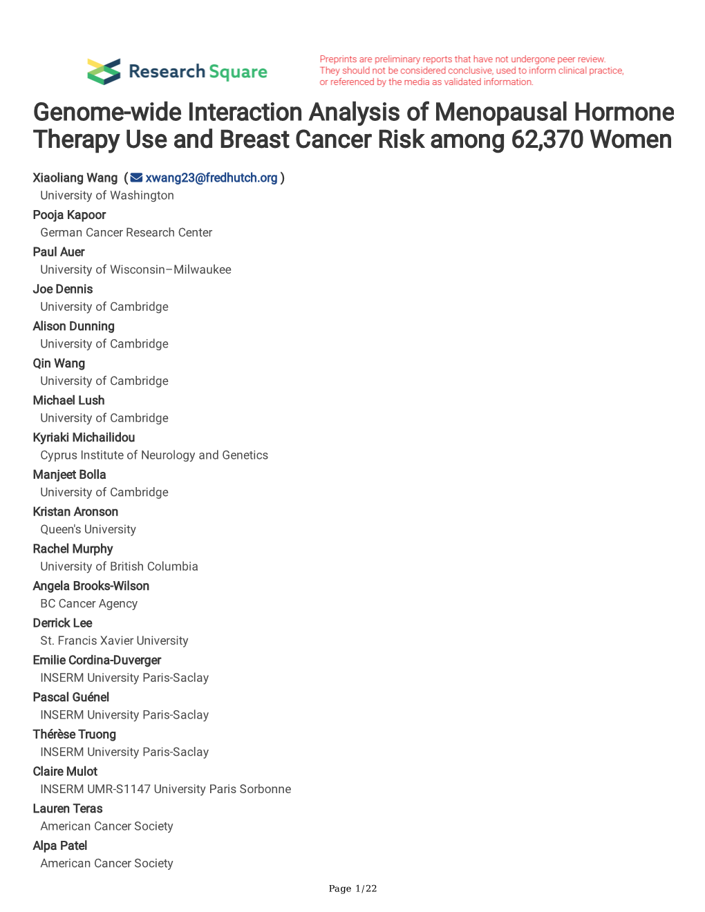 Genome-Wide Interaction Analysis of Menopausal Hormone Therapy Use and Breast Cancer Risk Among 62,370 Women