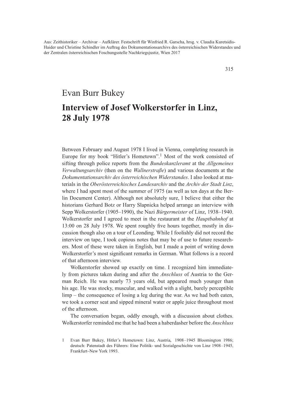 Evan Burr Bukey Interview of Josef Wolkerstorfer in Linz, 28 July 1978