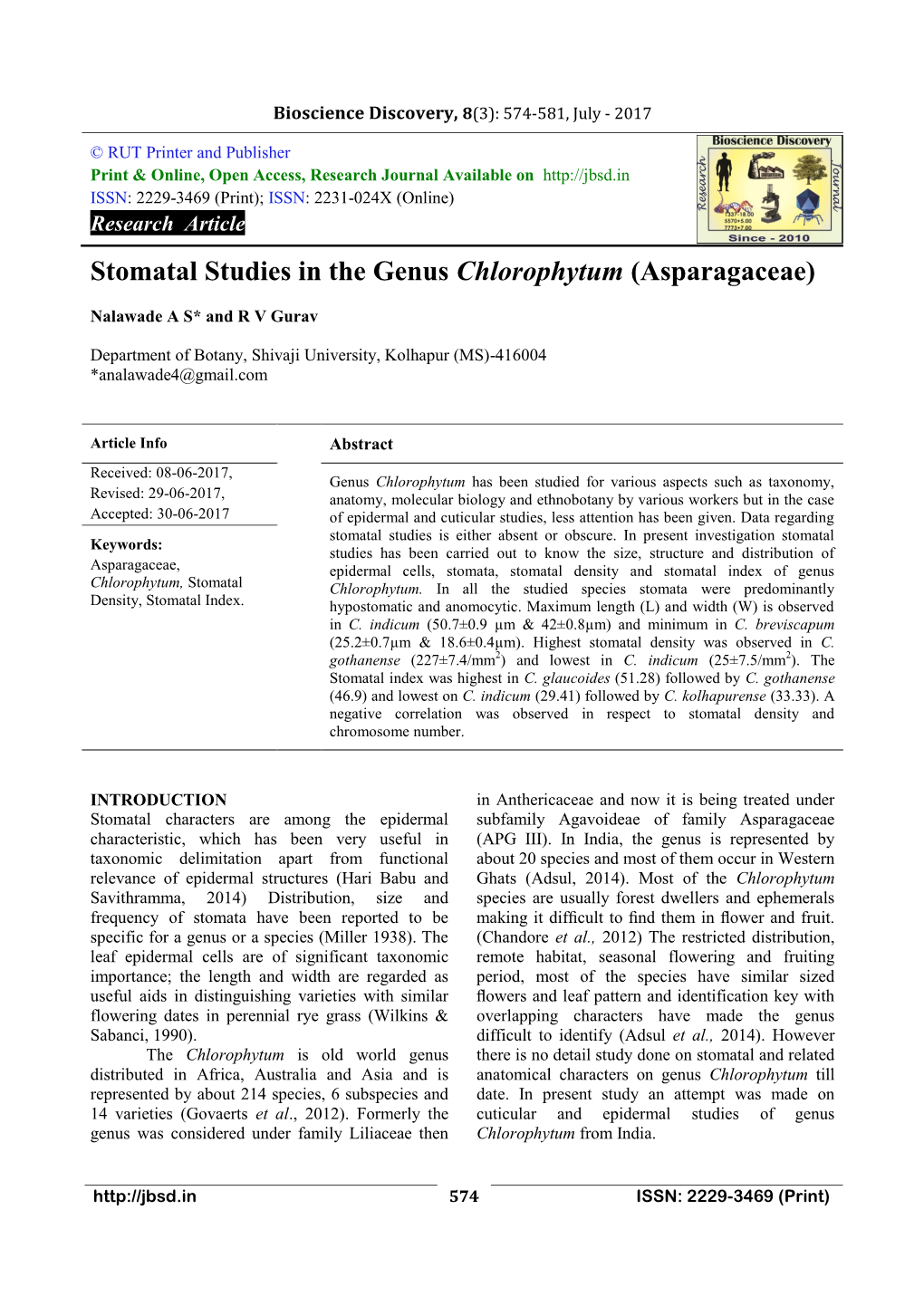 Stomatal Studies in the Genus Chlorophytum (Asparagaceae)