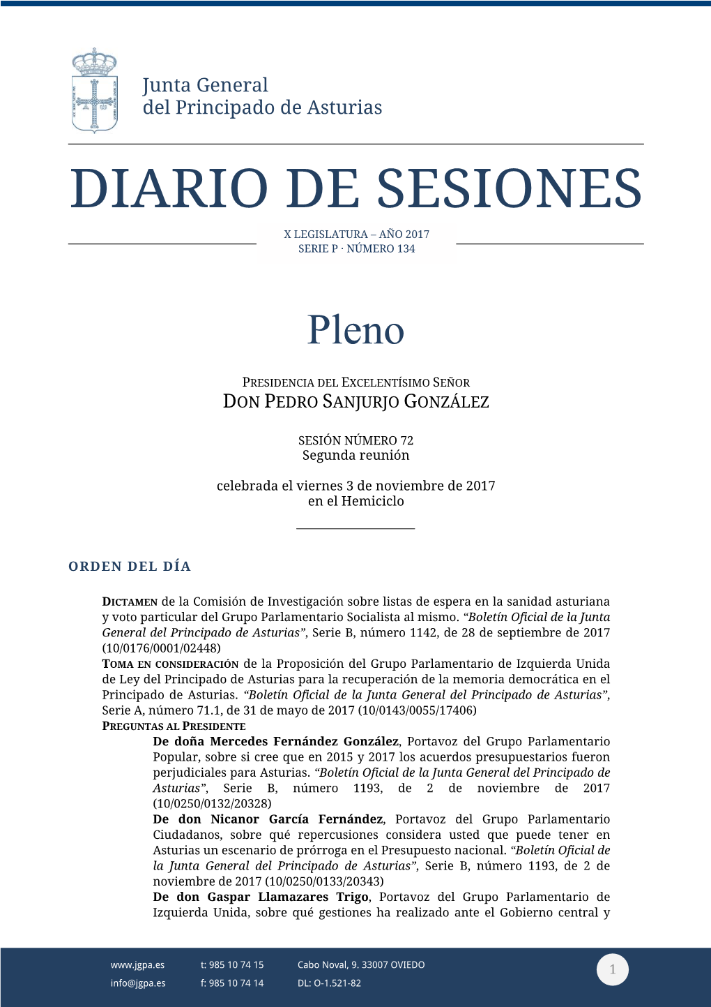 Diario De Sesiones X Legislatura – Año 2017 Serie P · Número 134