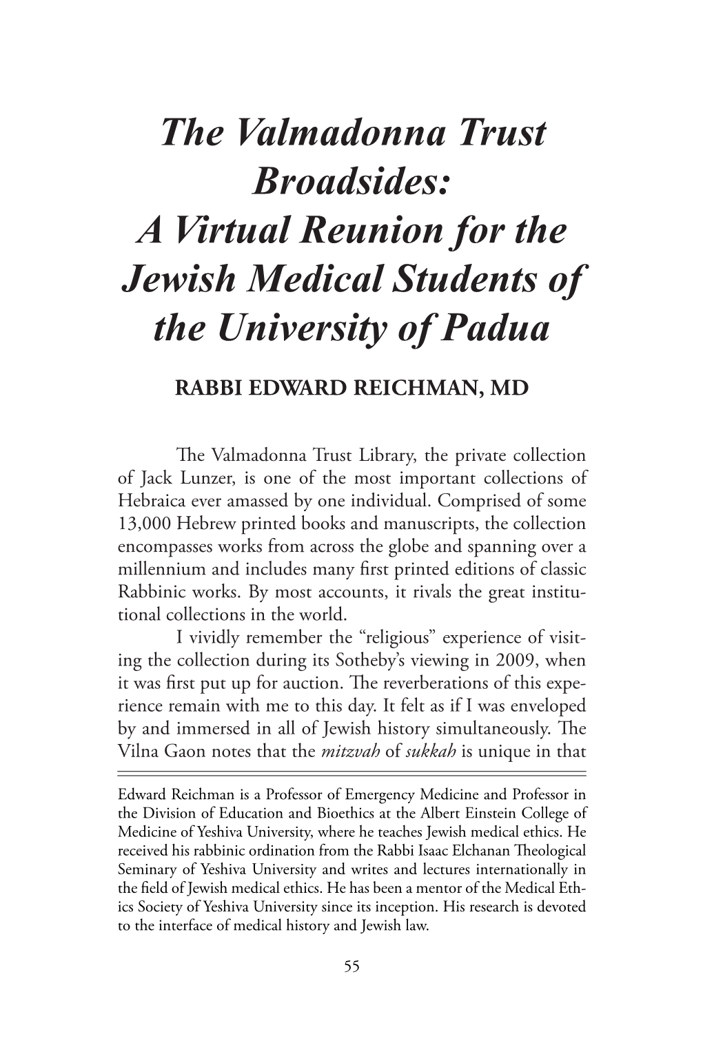 The Valmadonna Trust Broadsides: a Virtual Reunion for the Jewish Medical Students of the University of Padua