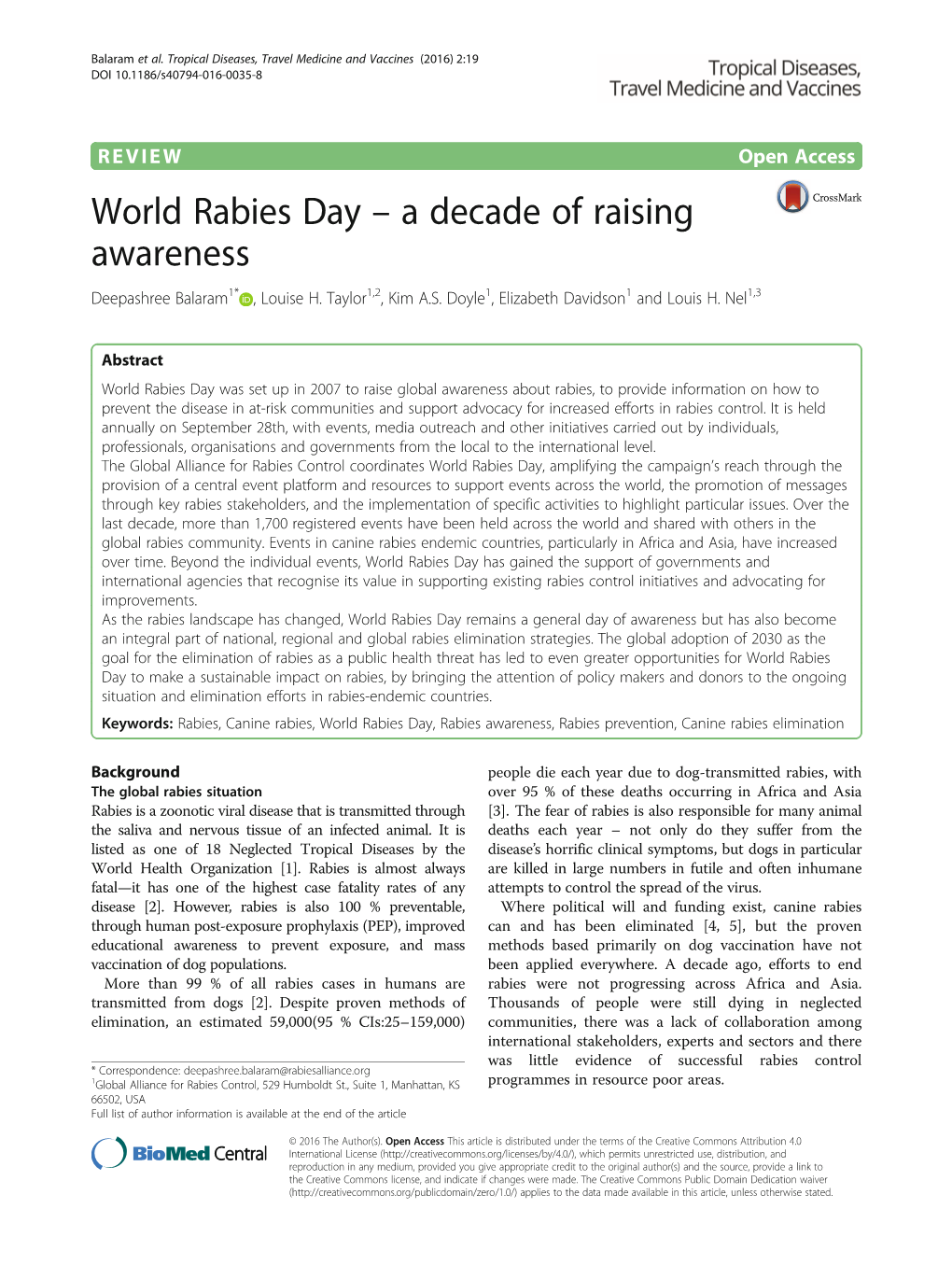 World Rabies Day – a Decade of Raising Awareness Deepashree Balaram1* , Louise H