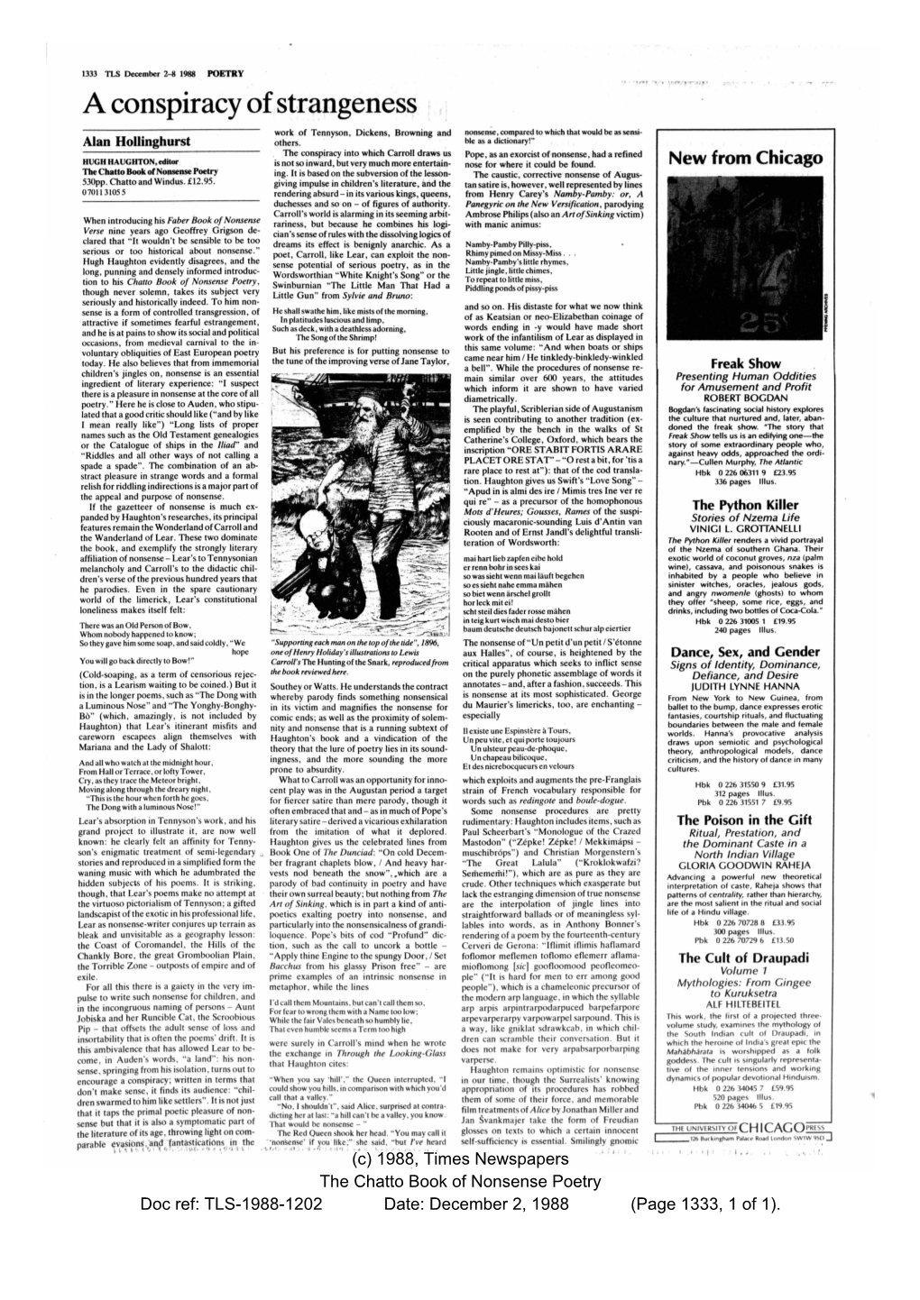 Times Literary Supplement, December 2-8, 1988