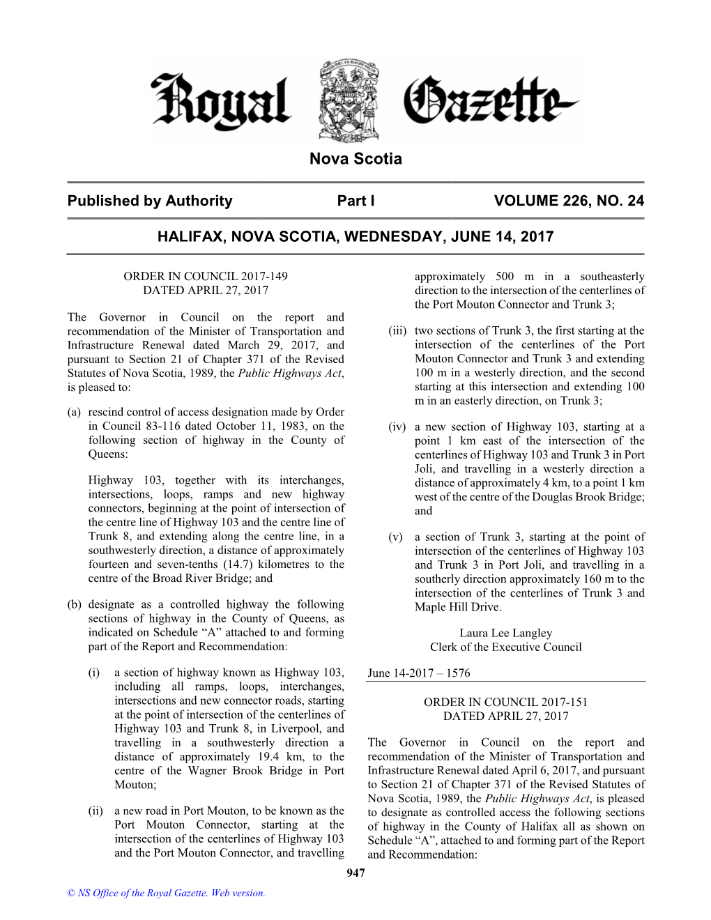 NS Royal Gazette Part I