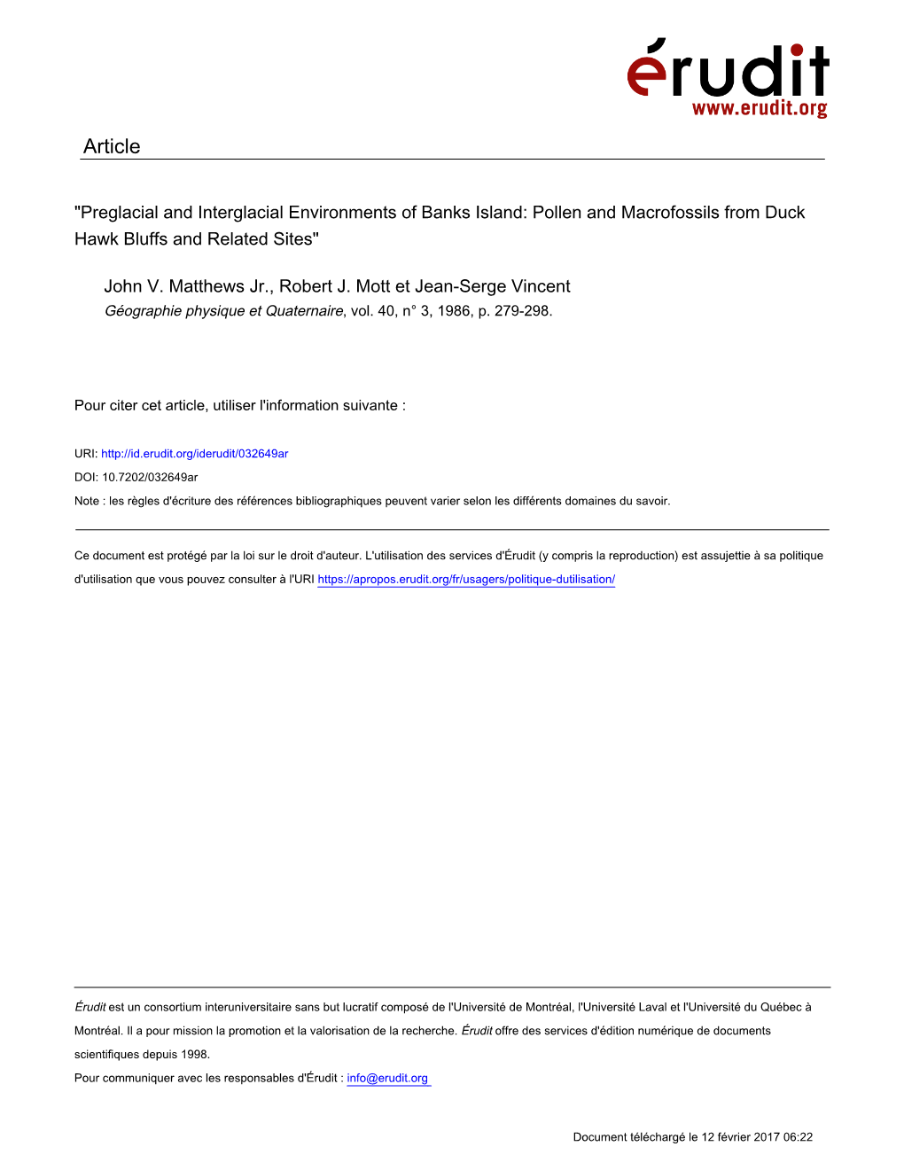 Preglacial and Interglacial Environments of Banks Island: Pollen and Macrofossils from Duck Hawk Bluffs and Related Sites