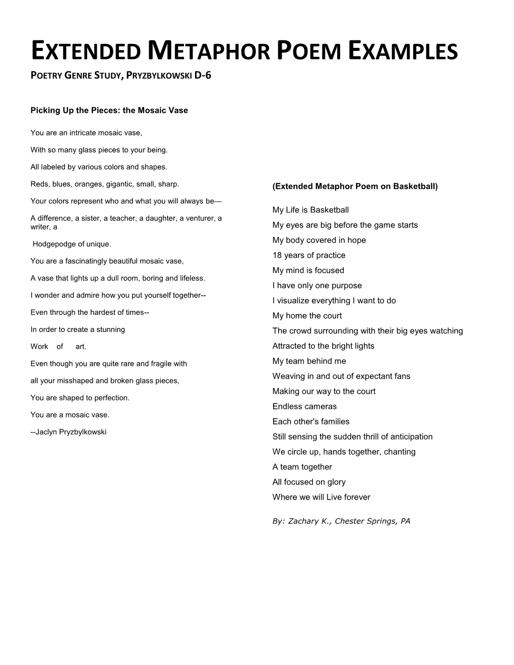 Extended Metaphor Poem Examples Poetry Genre Study, Pryzbylkowski D-6