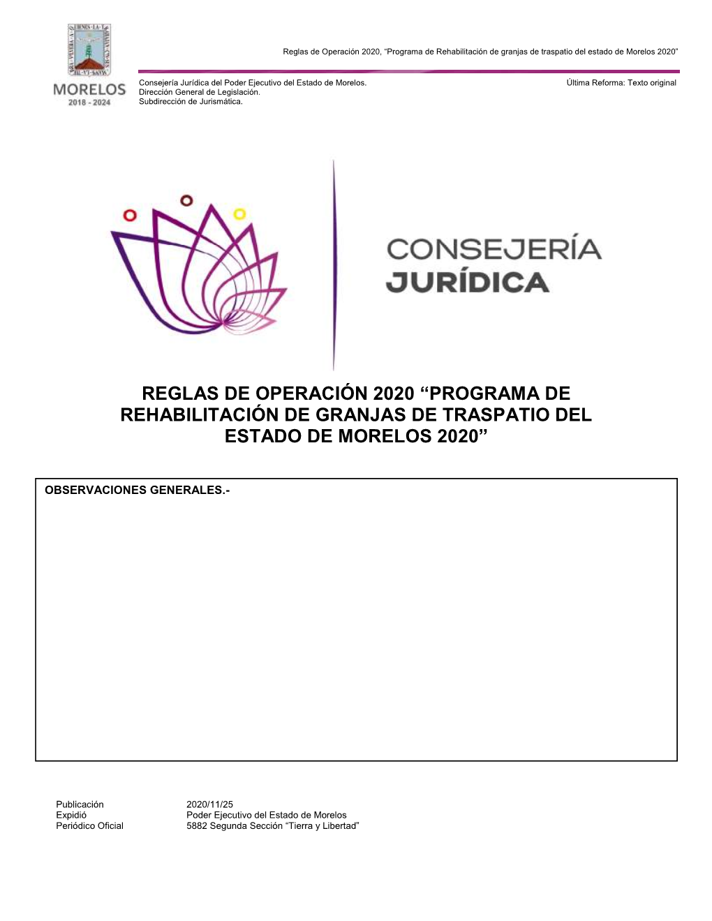Programa De Rehabilitación De Granjas De Traspatio Del Estado De Morelos 2020”