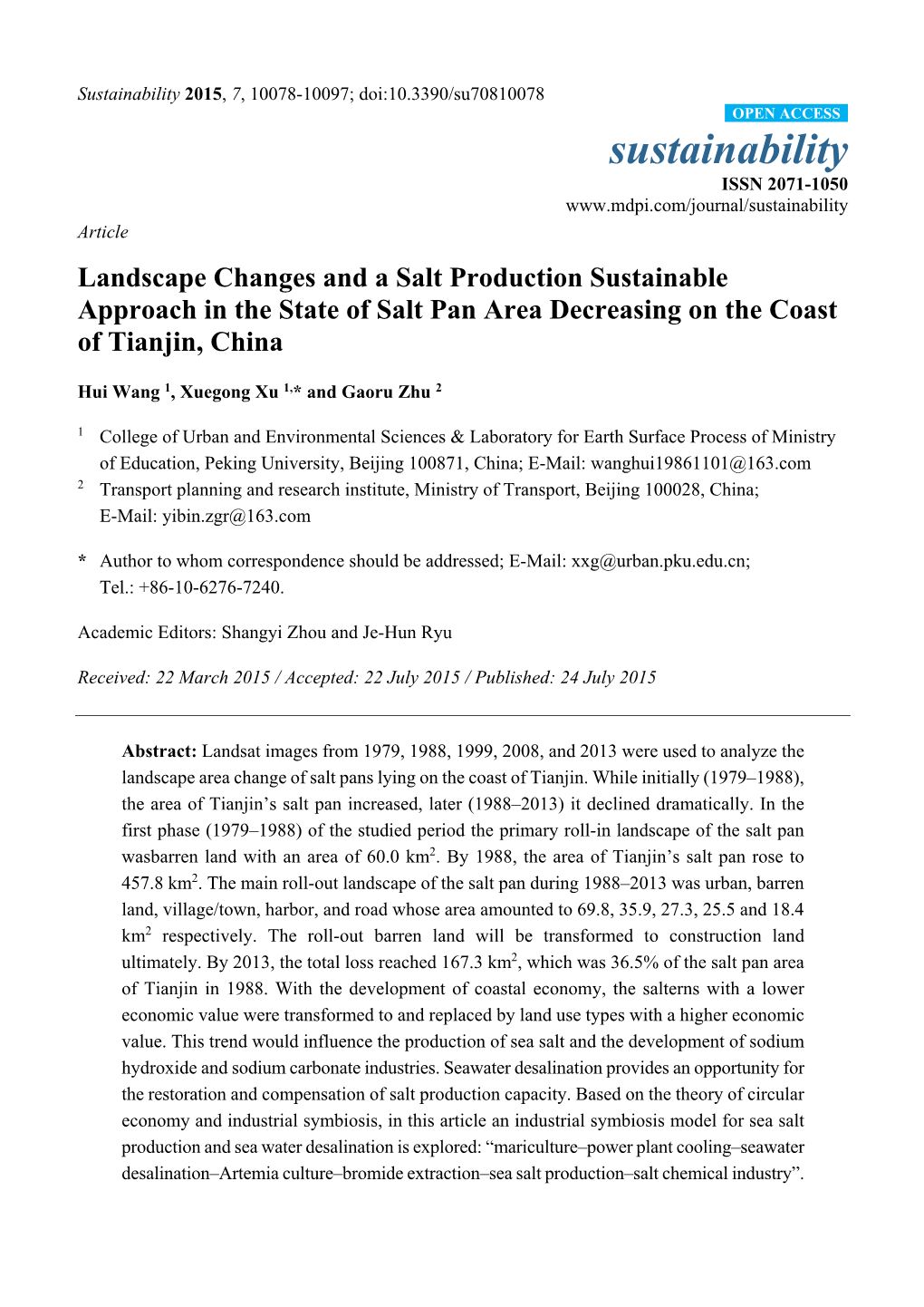 Landscape Changes and a Salt Production Sustainable Approach in the State of Salt Pan Area Decreasing on the Coast of Tianjin, China