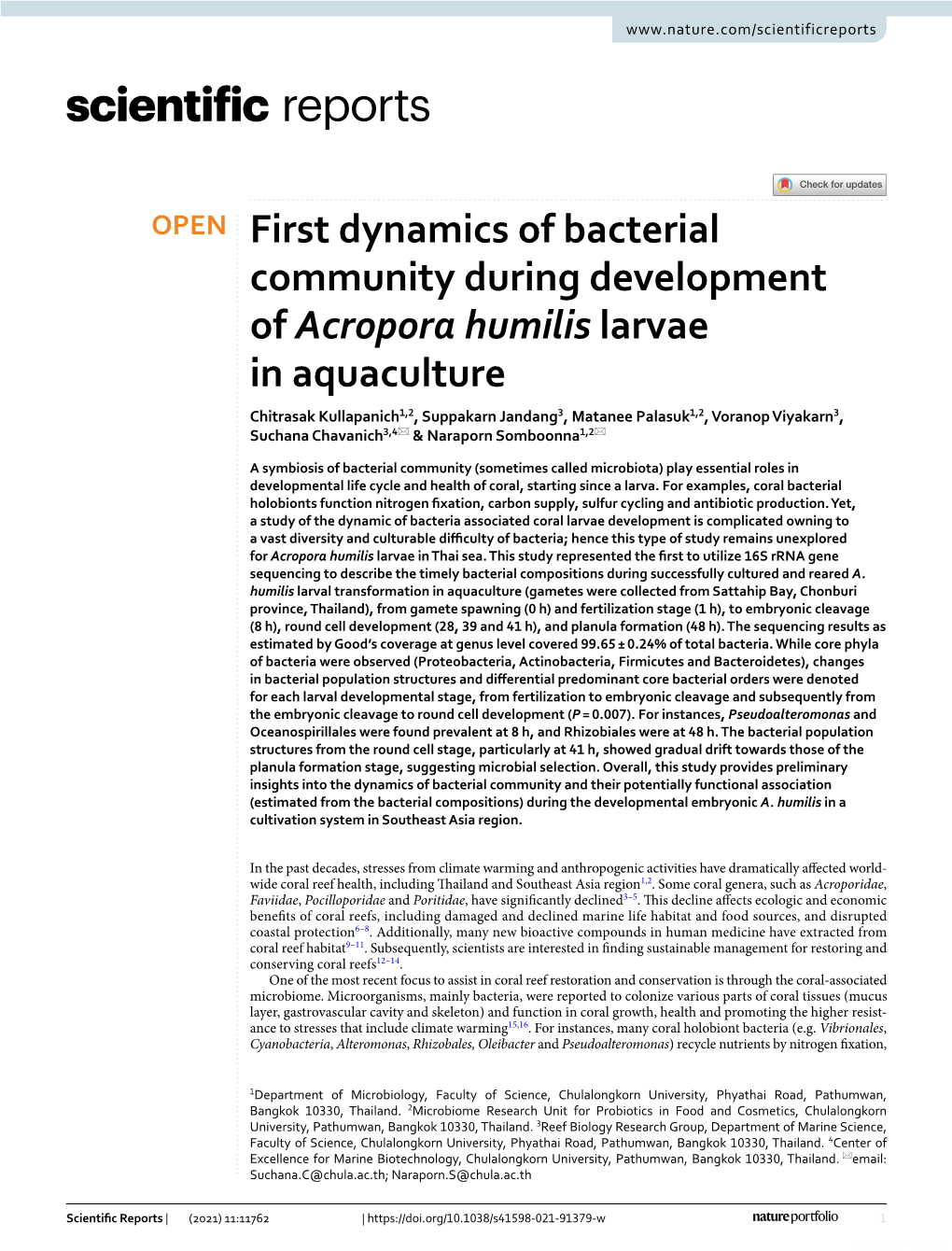 First Dynamics of Bacterial Community During Development of Acropora