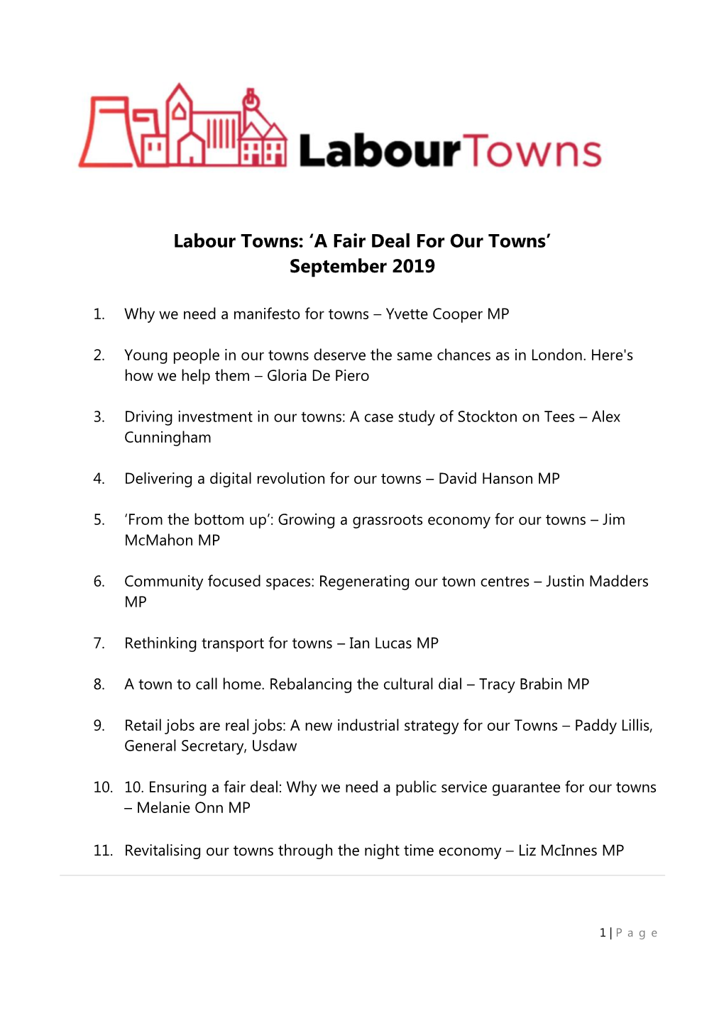 Labour Towns: ‘A Fair Deal for Our Towns’ September 2019